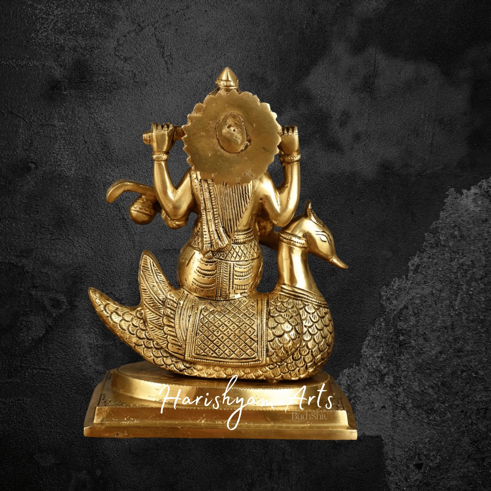 9" Pure Brass Saraswati Statue Riding Swan Ideal for Knowledge Blessings