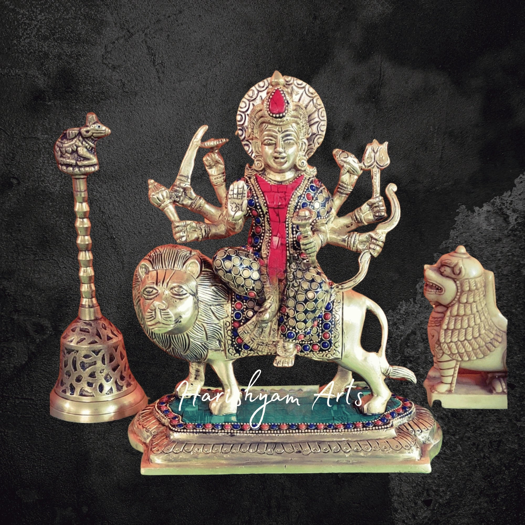 9" Superfine Brass Durga Maa Idol with Stonework for Navratri Pooja