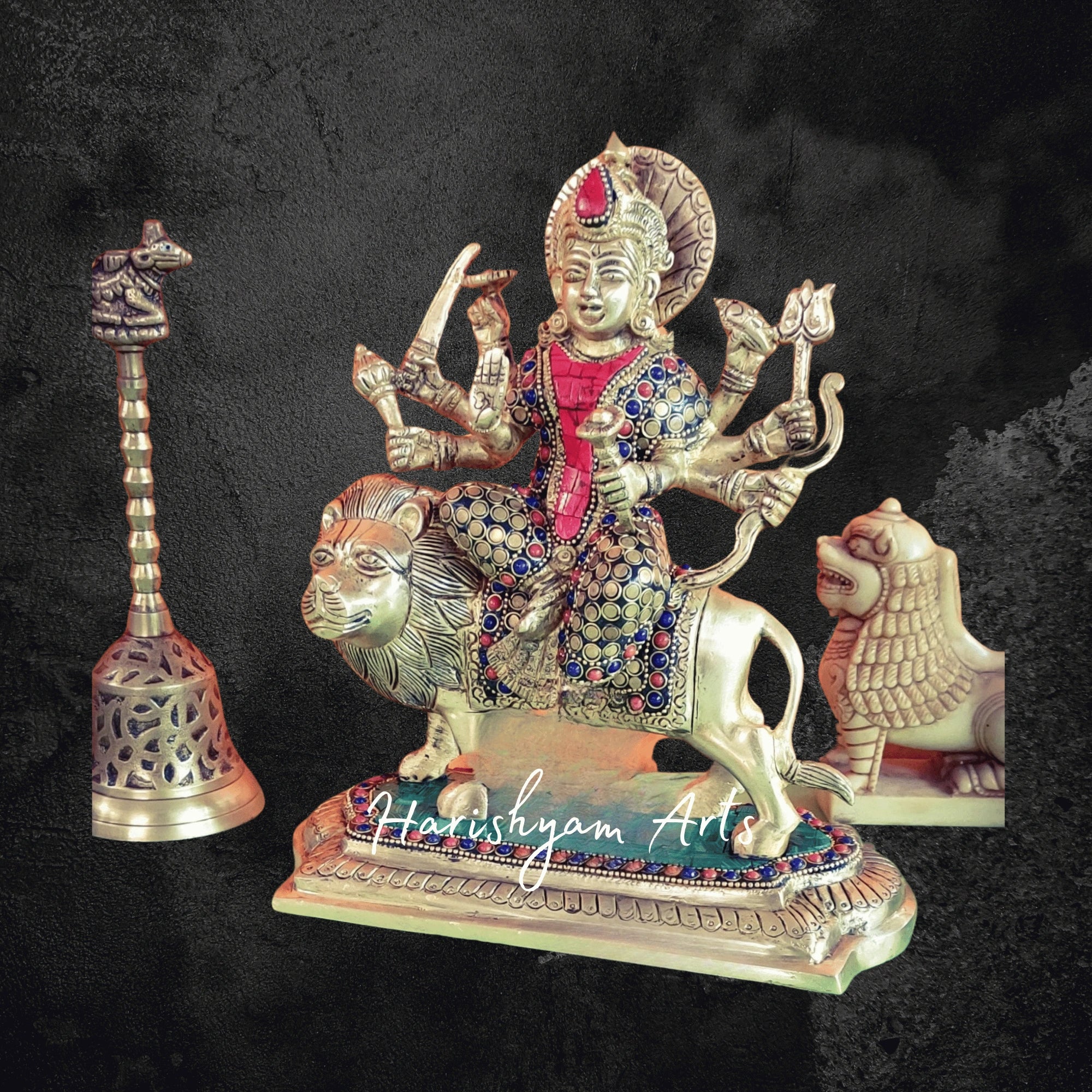 9" Superfine Brass Durga Maa Idol with Stonework for Navratri Pooja