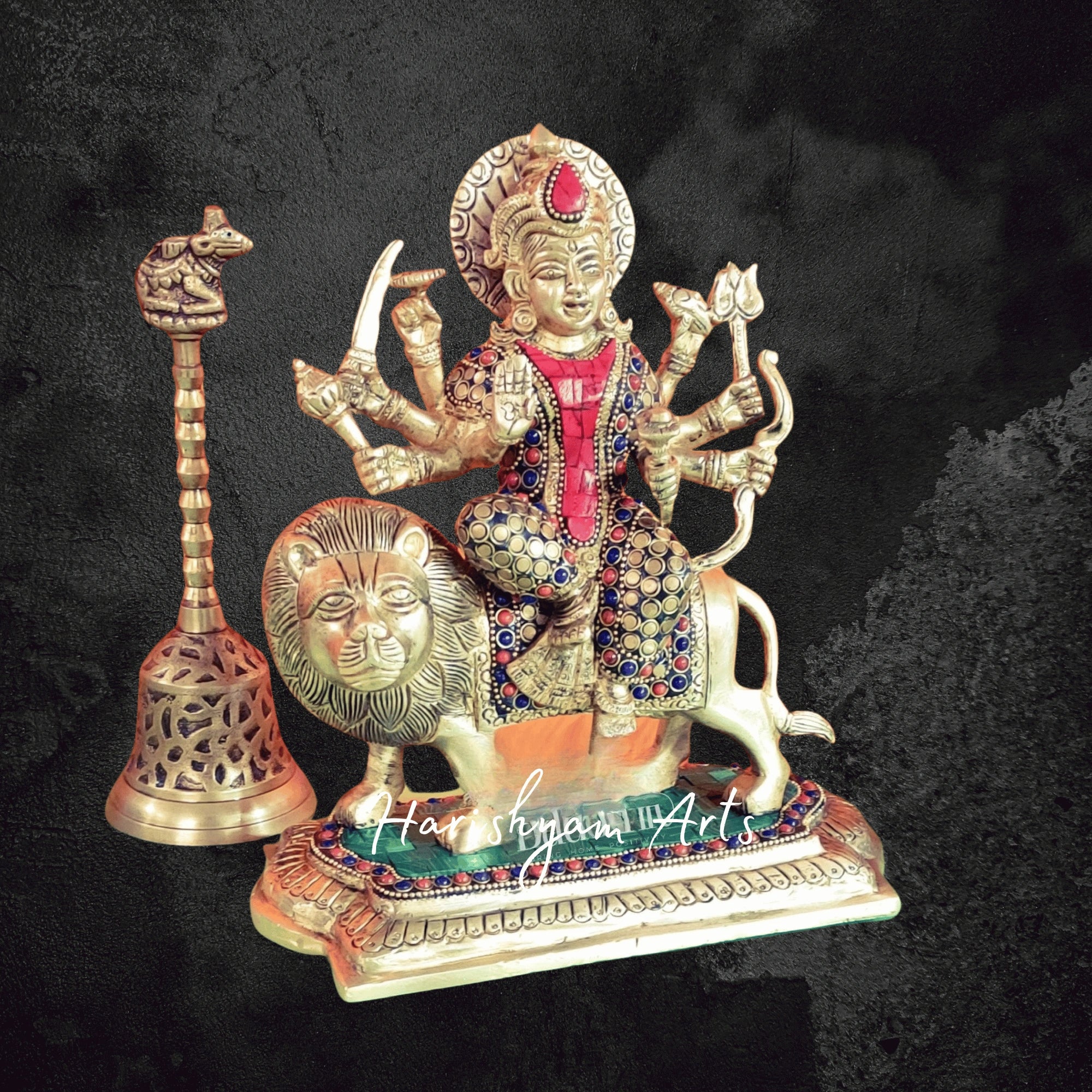 9" Superfine Brass Durga Maa Idol with Stonework for Navratri Pooja