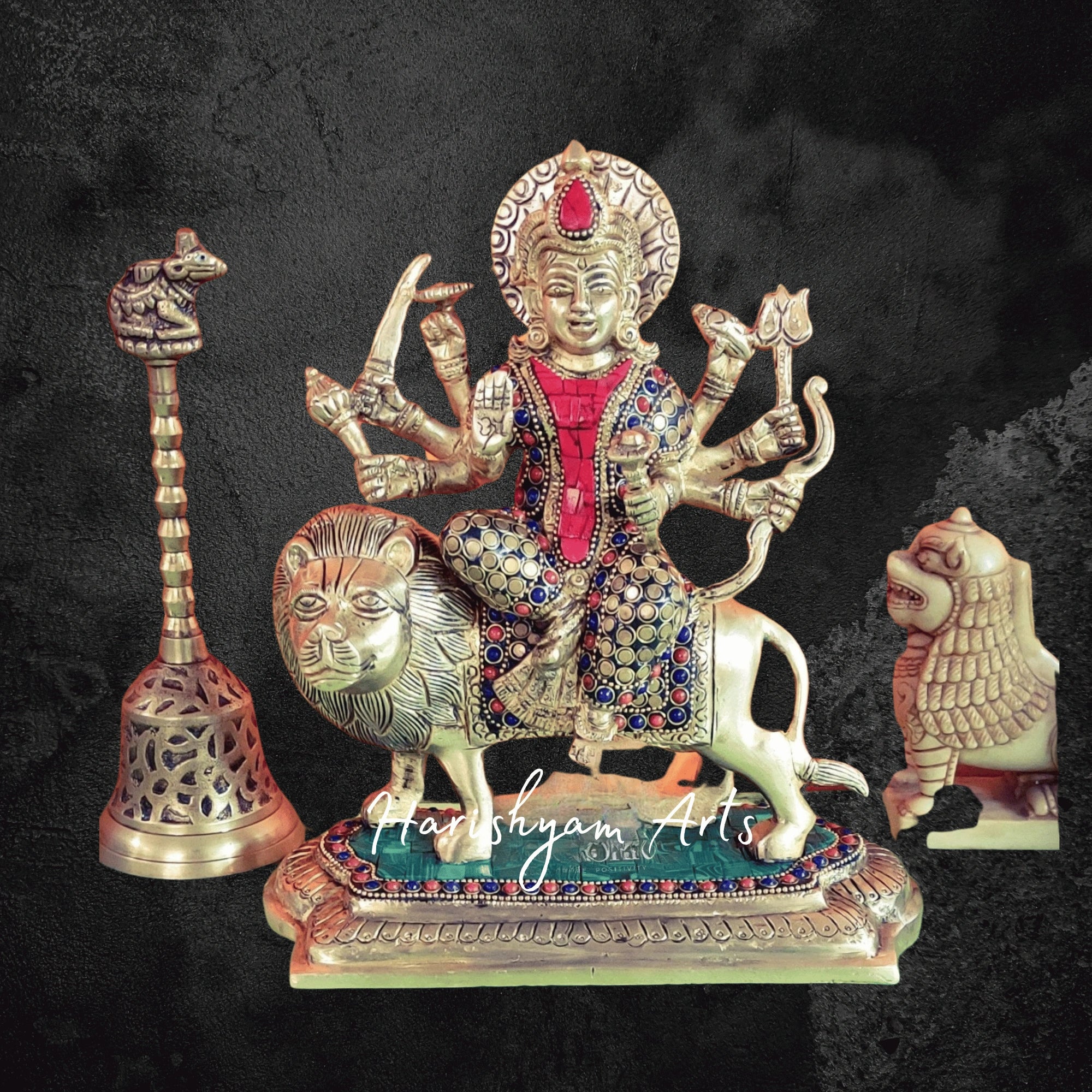 9" Superfine Brass Durga Maa Idol with Stonework for Navratri Pooja