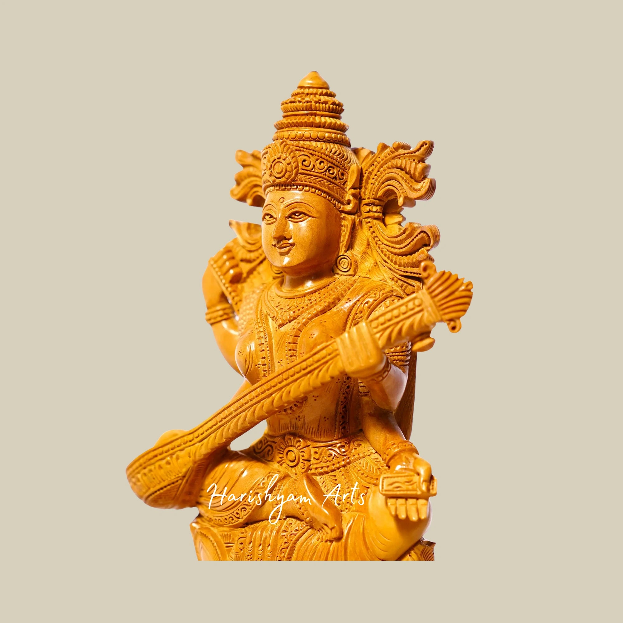 9" Vintage Saraswati Sandalwood Idol Goddess of Knowledge, Art, and Wisdom3