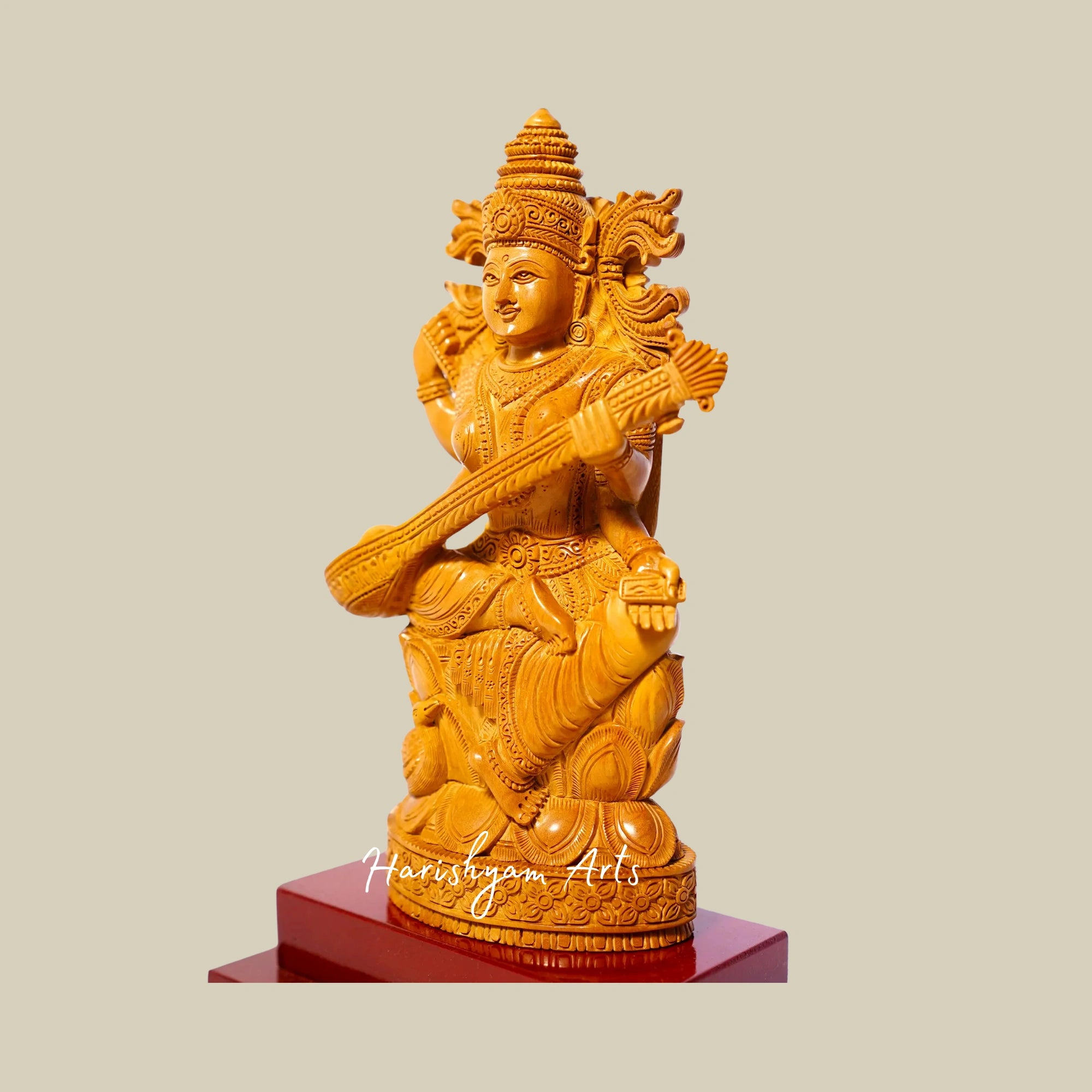 9" Vintage Saraswati Sandalwood Idol Goddess of Knowledge, Art, and Wisdom4