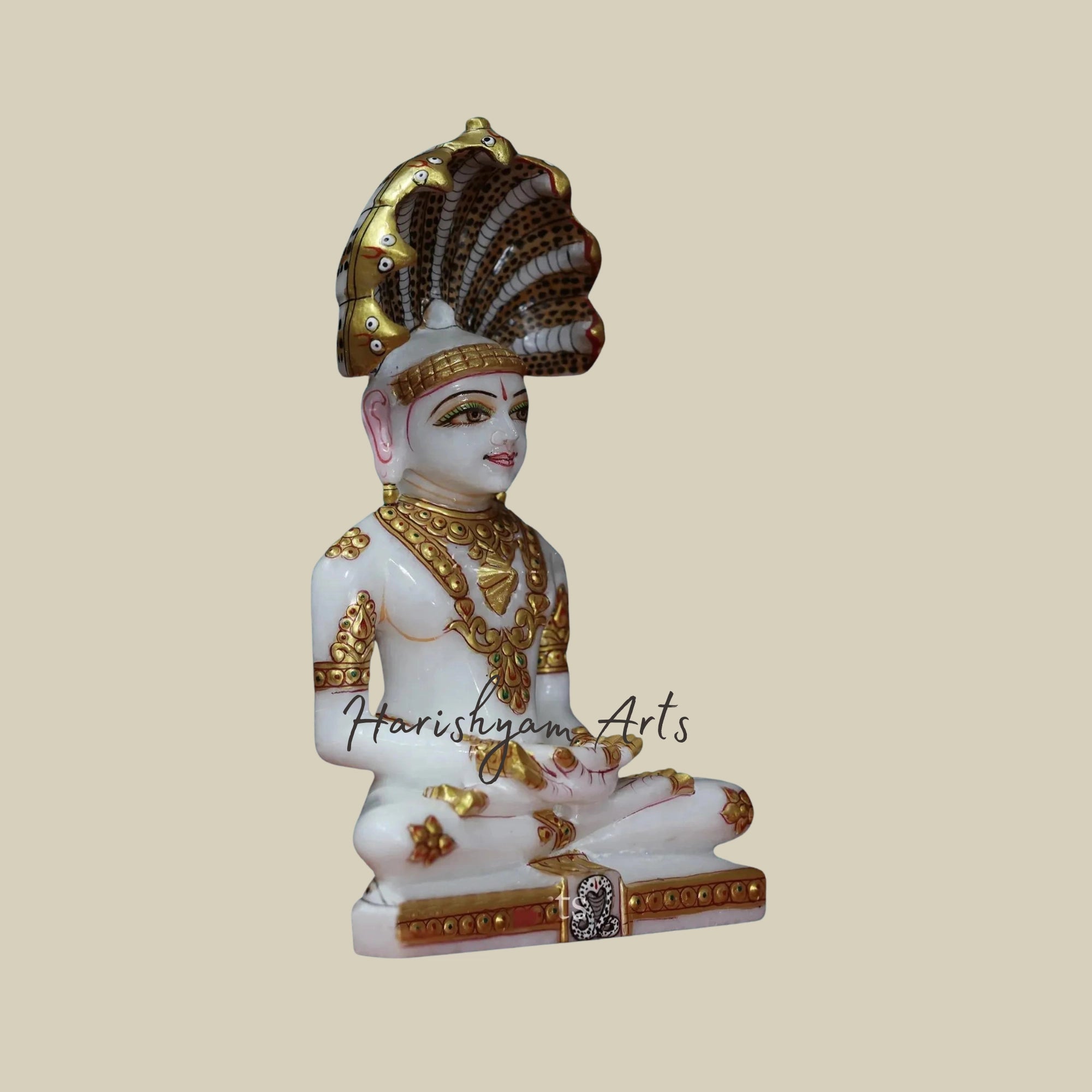 9" Parshwanath Marble Statue with Gold Foil Work