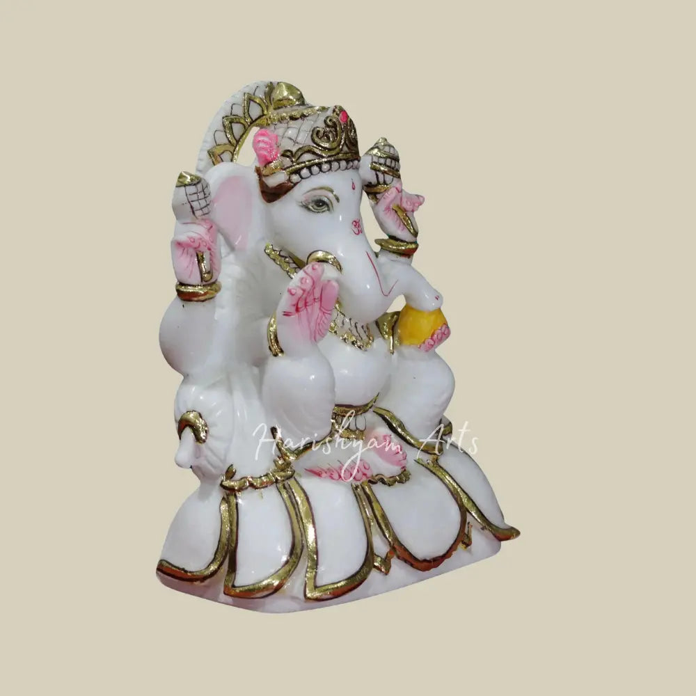 9" Sitting Ganesha On Lotus Marble Deity