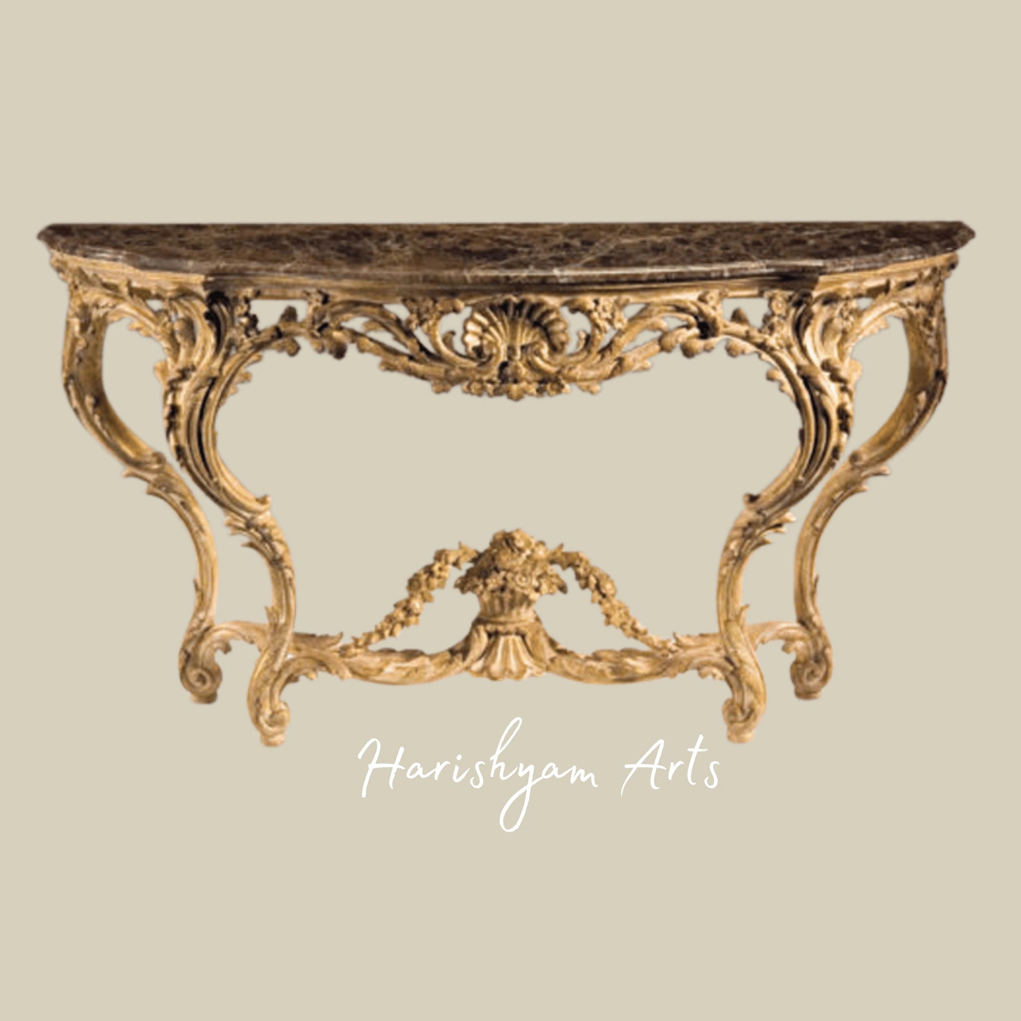 Antique Gold Leaf Wooden Console Table with Marble Top2