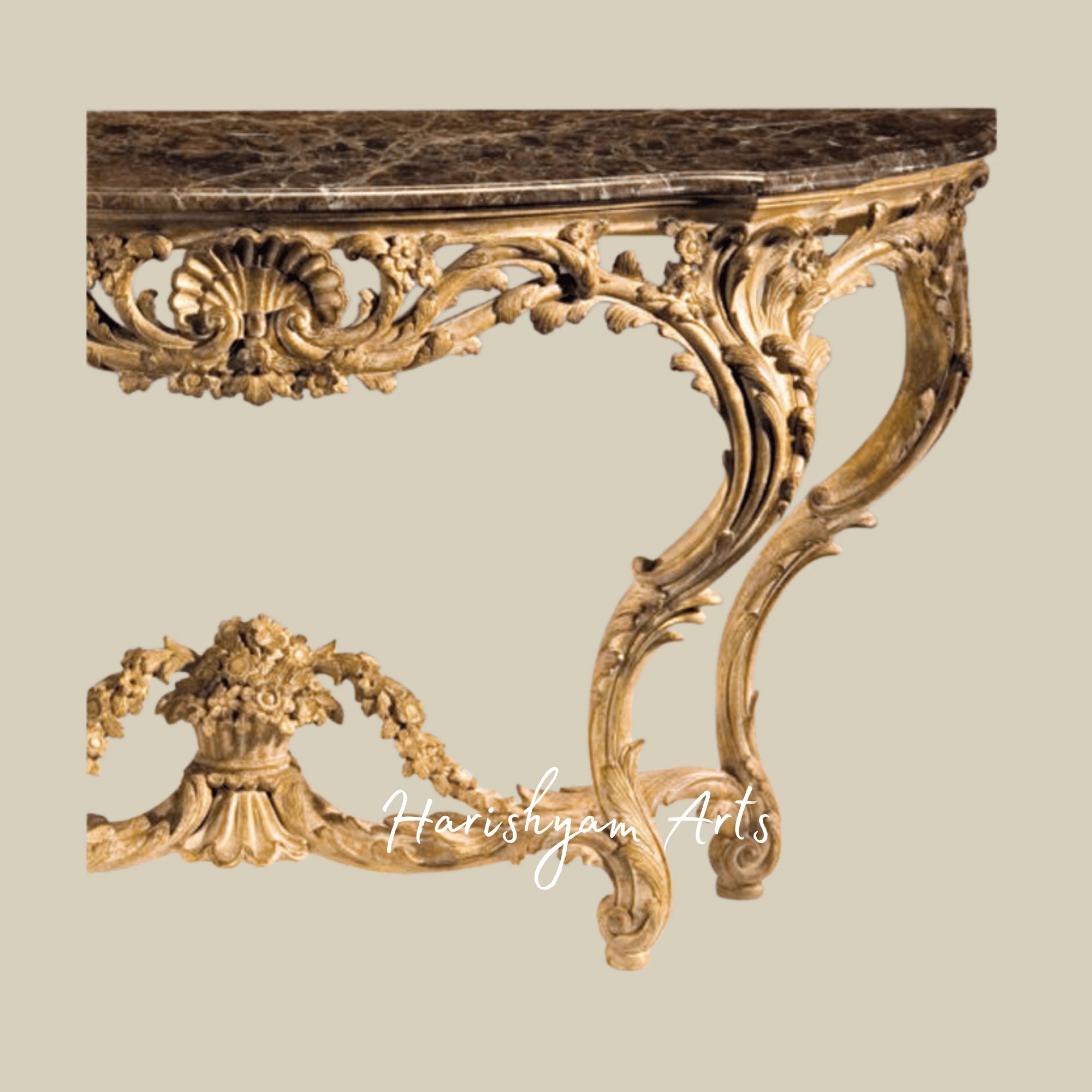Antique Gold Leaf Wooden Console Table with Marble Top3