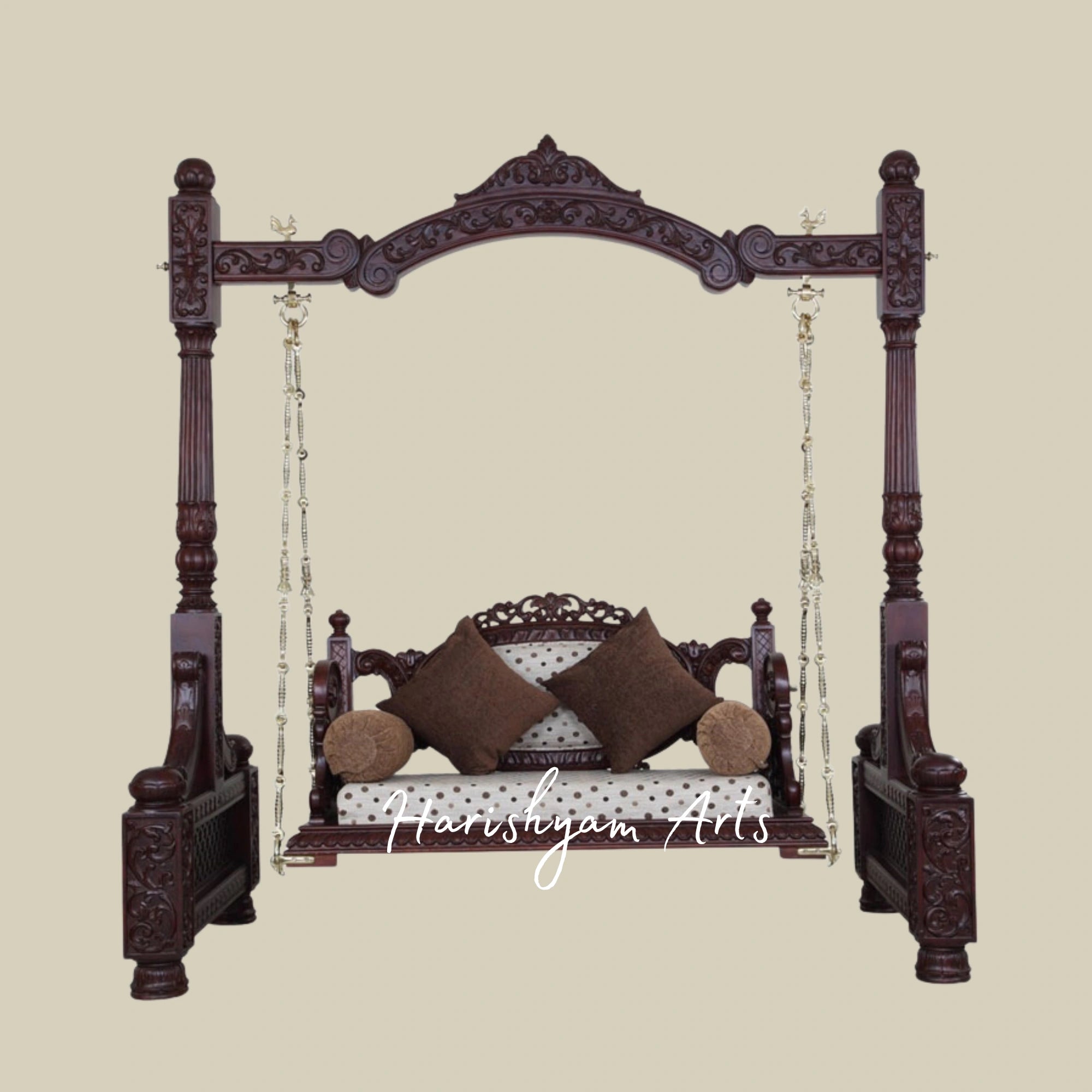 Antique Style Indian Wooden Swing with Ornate Pillars