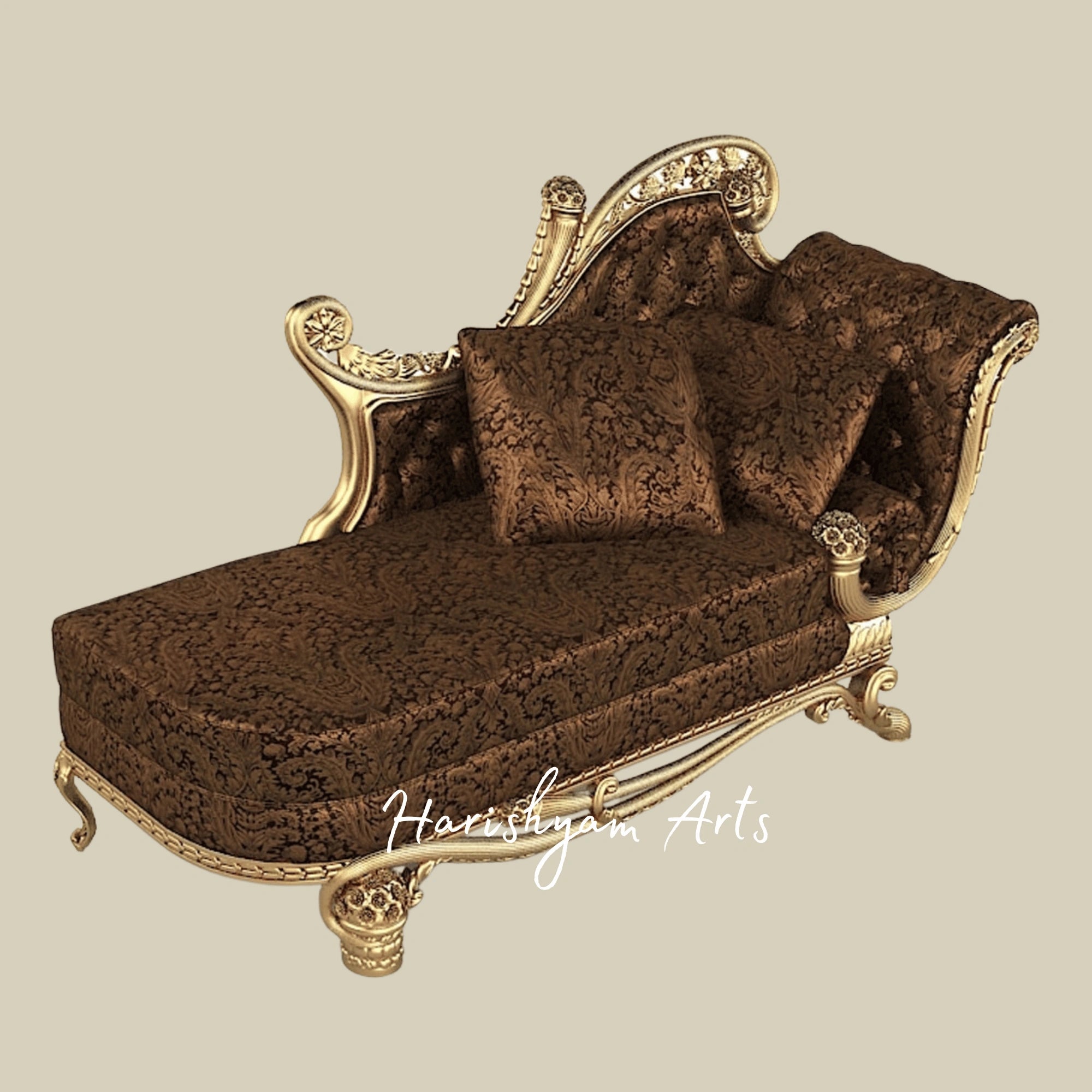 Antique Victorian Style Wooden Chaise with Handcrafted Carvings, Curved Armrest, and Premium Plush Upholstery2