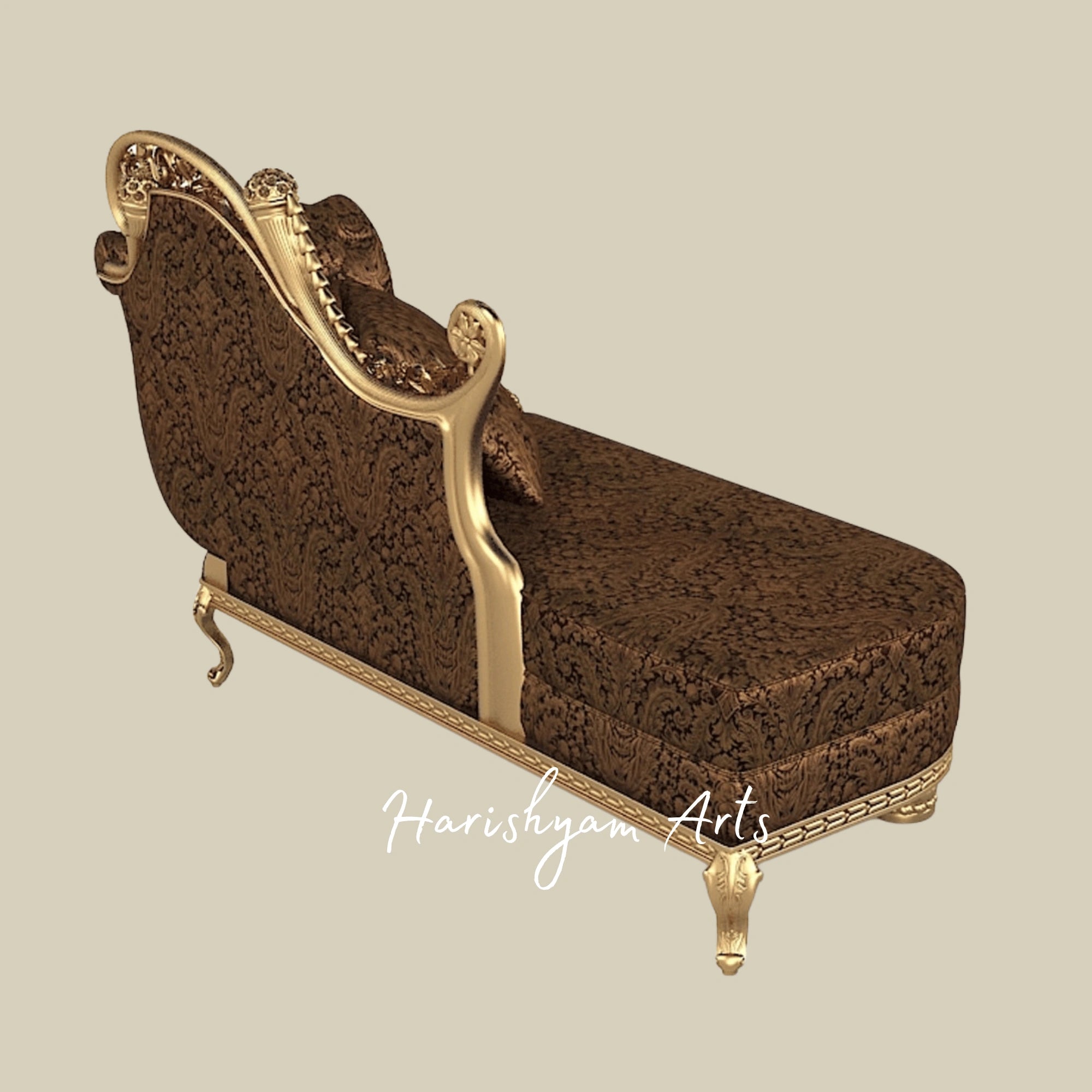 Antique Victorian Style Wooden Chaise with Handcrafted Carvings, Curved Armrest, and Premium Plush Upholstery3