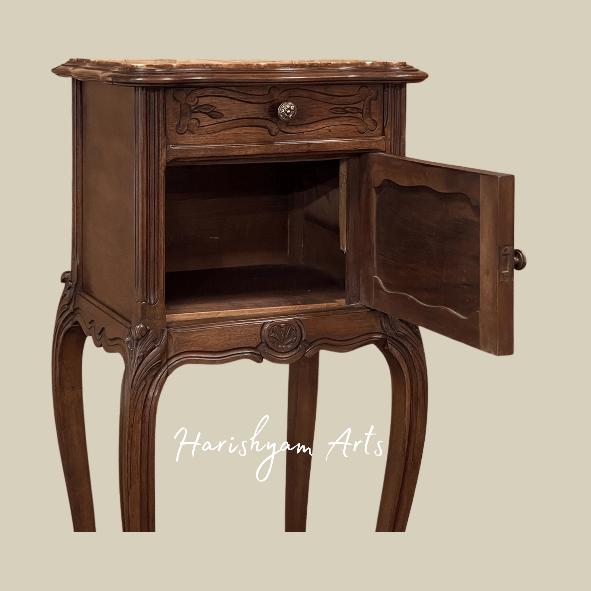 Antique Wooden Nightstand with Marble Top and Carved Details