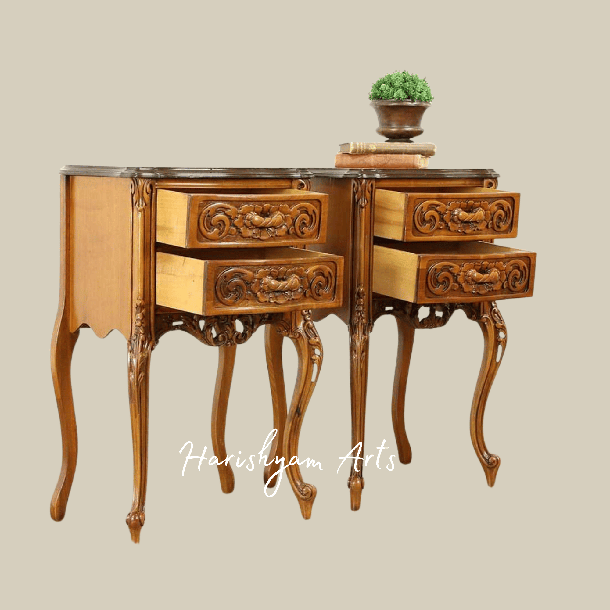 Antique Carved Wooden Nightstands with Drawers2