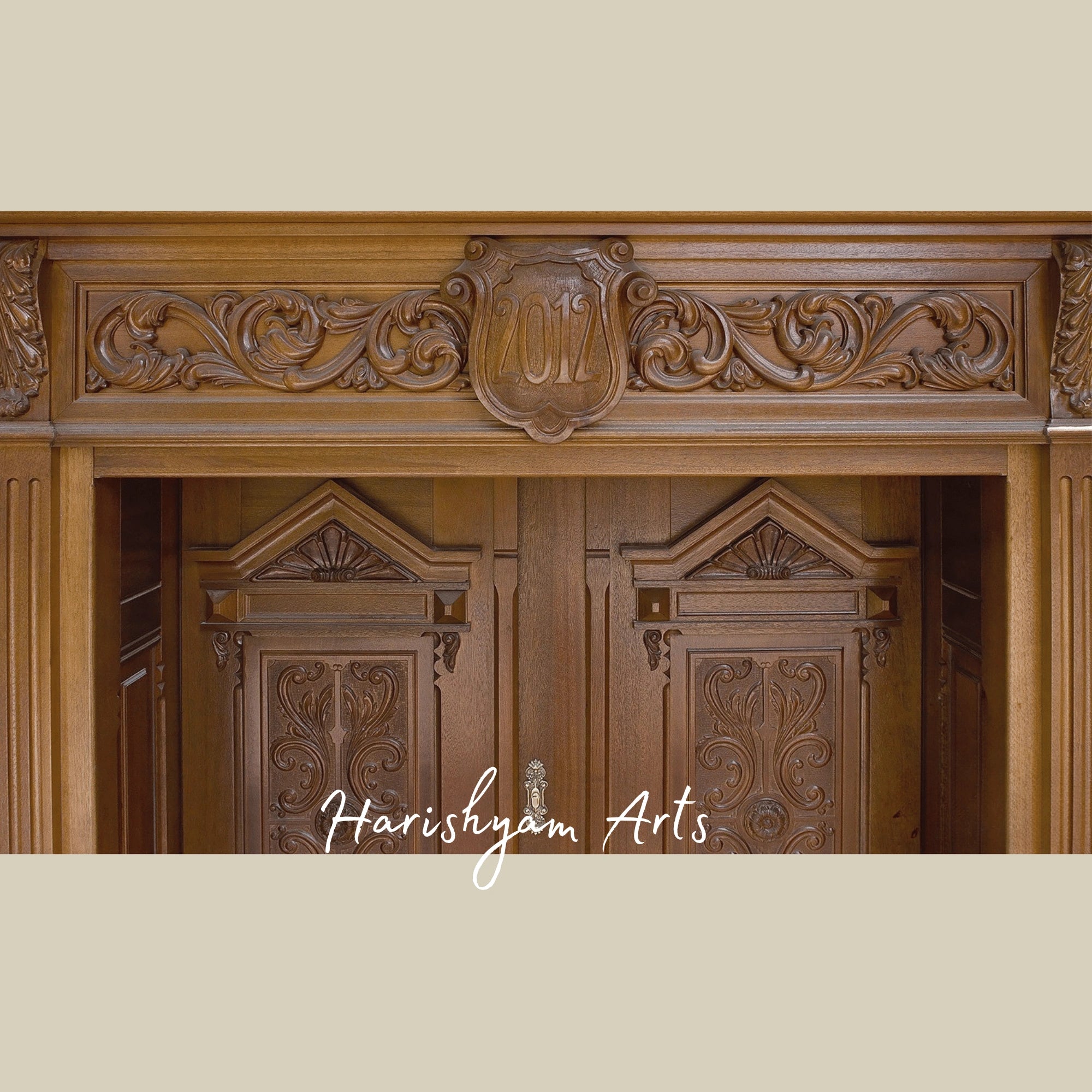 Aristocrat Classic Double Door – Ornate Solid Teak Main Entrance with Corinthian Motifs, Handcrafted Luxury Mansion Entry3