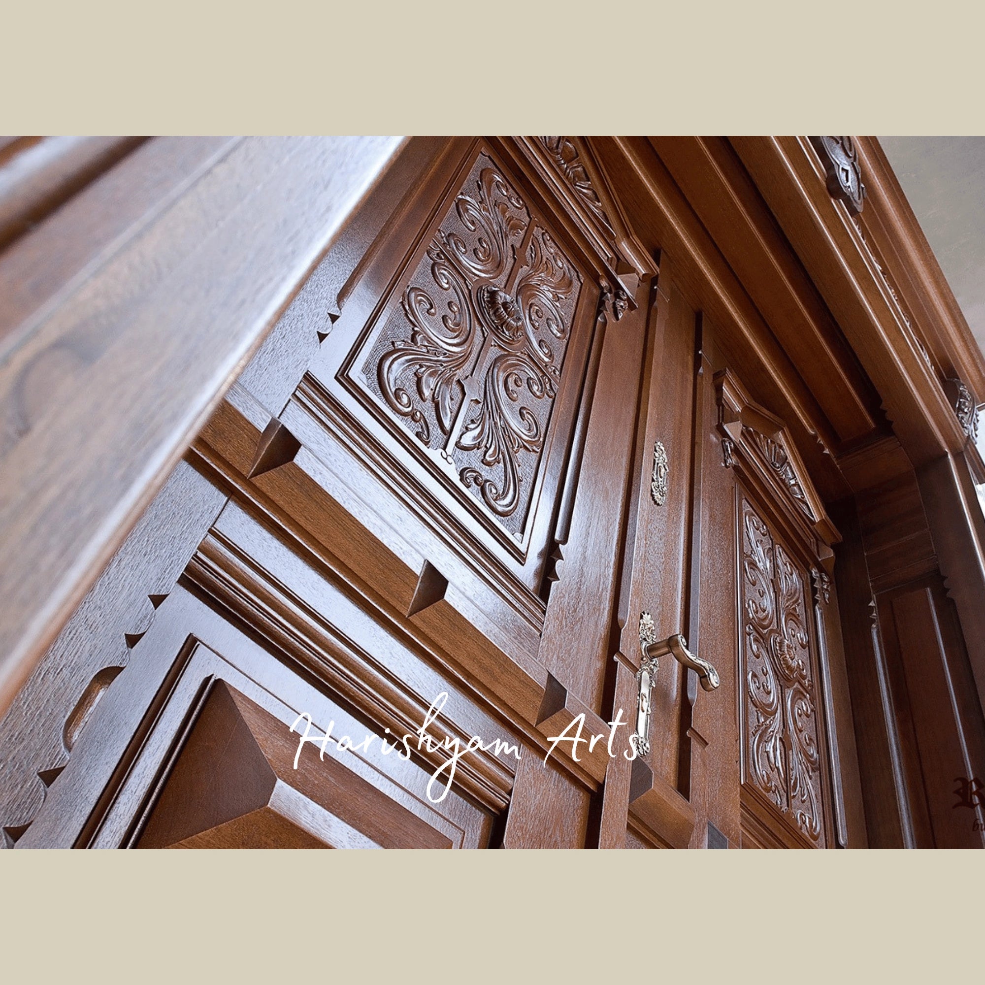 Aristocrat Classic Double Door – Ornate Solid Teak Main Entrance with Corinthian Motifs, Handcrafted Luxury Mansion Entry4