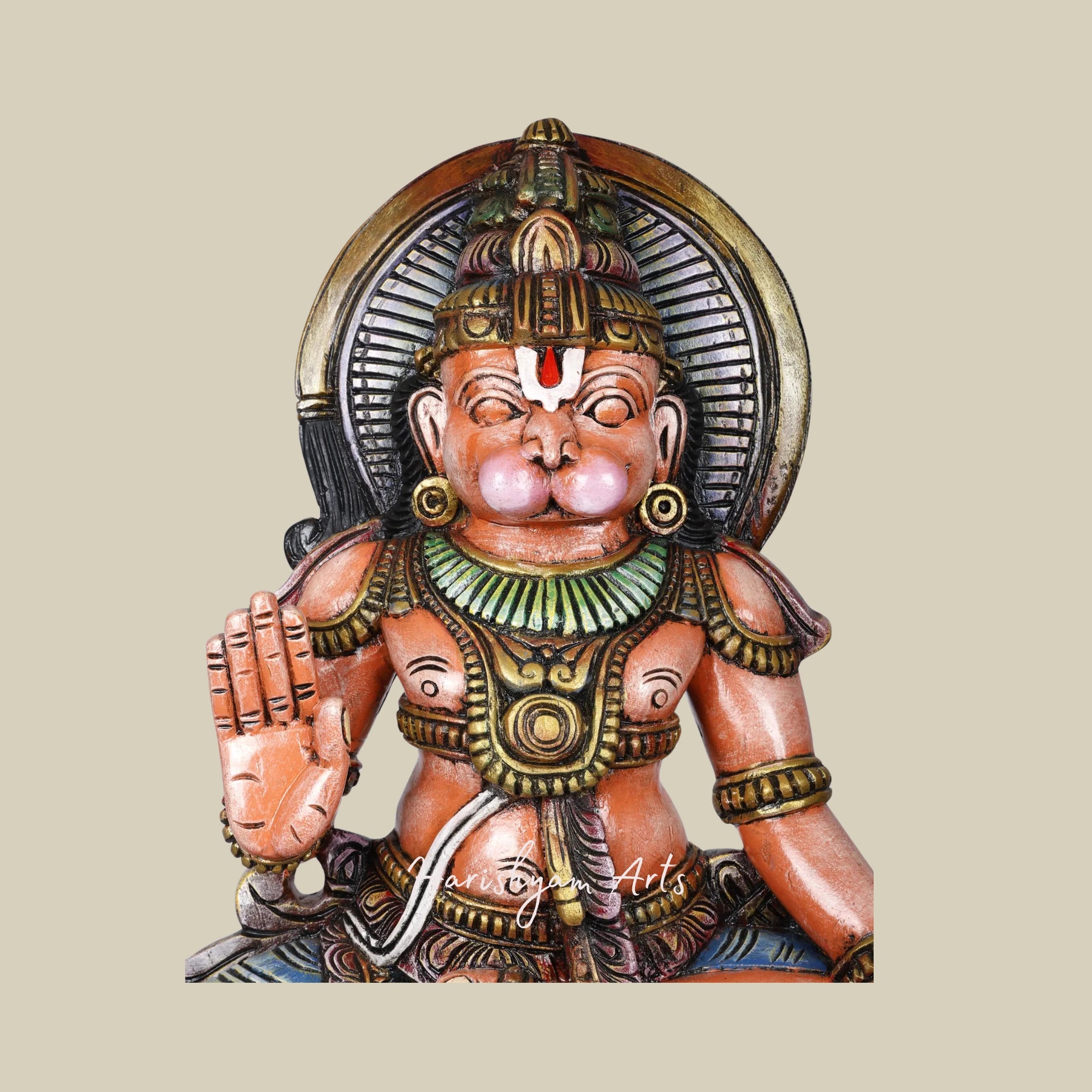 36" Ashirvad Anjaneya Hanuman Painted Wood Sculpture