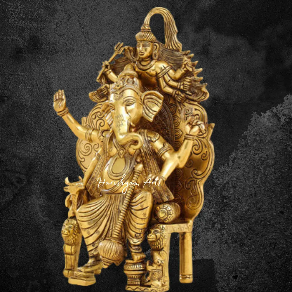 Brass Ganesha Idol Resting on Singhasan Throne 16"