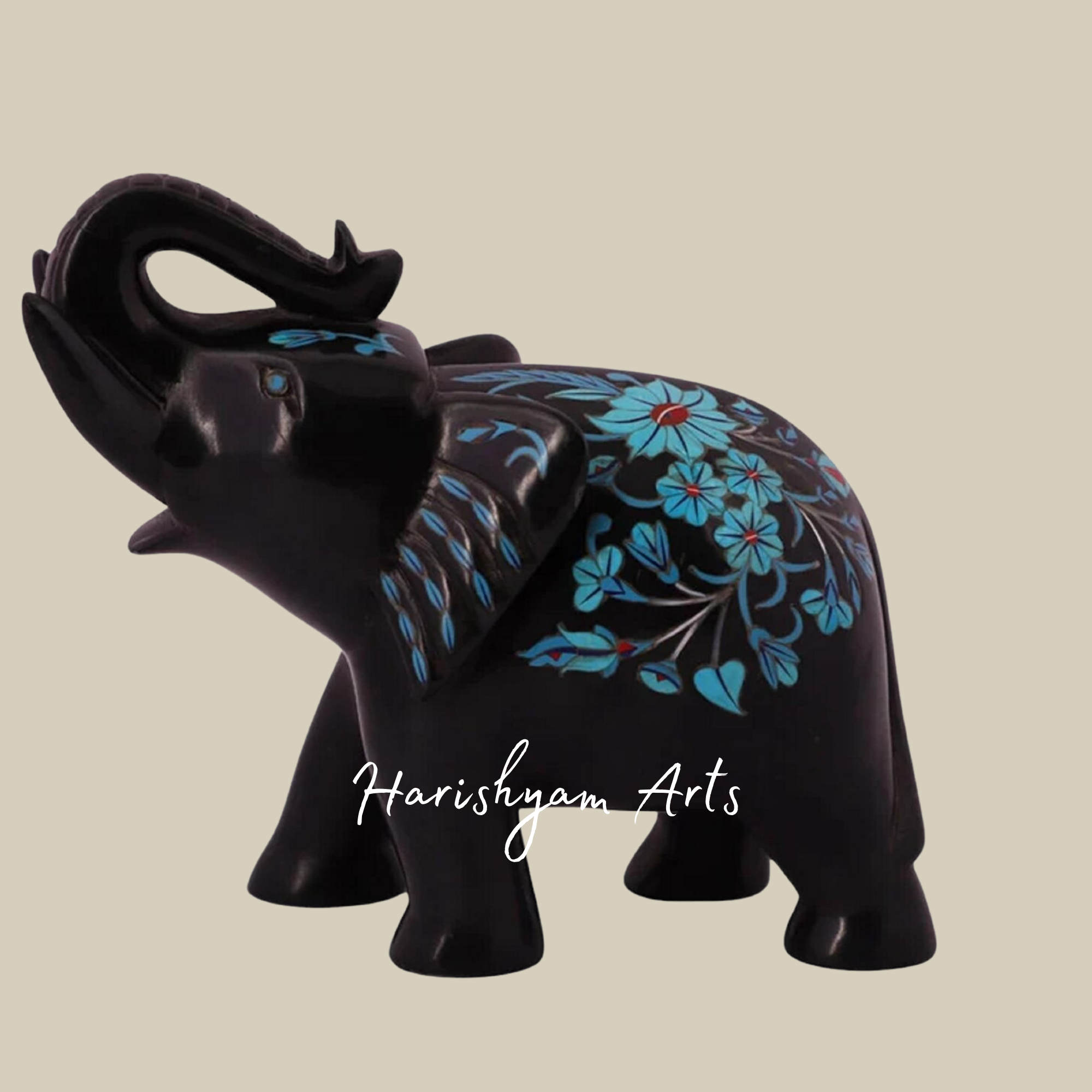 Black Marble Elephant Statue with Up Trunk and Turquoise Stone Inlay