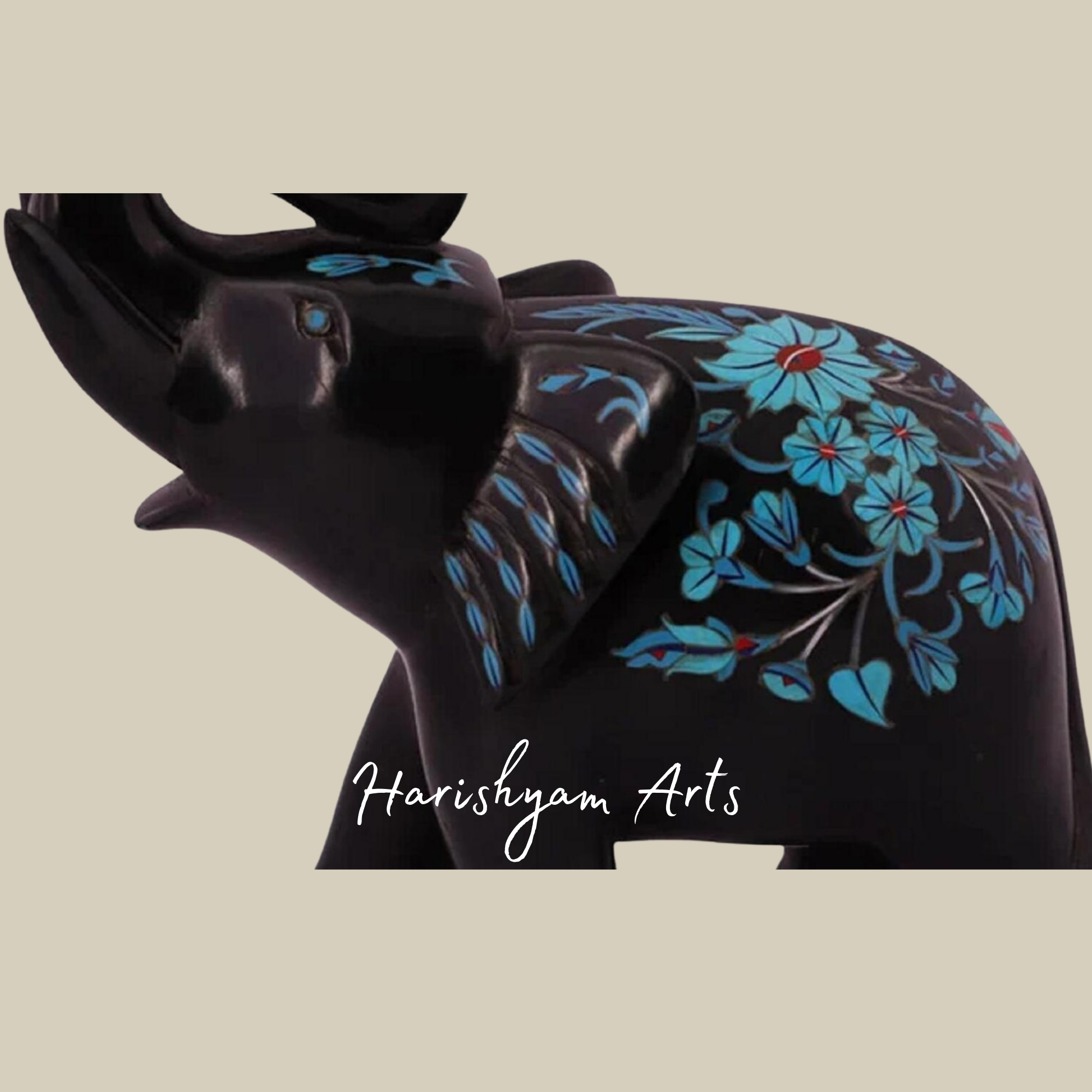 Black Marble Elephant Statue with Up Trunk and Turquoise Stone Inlay