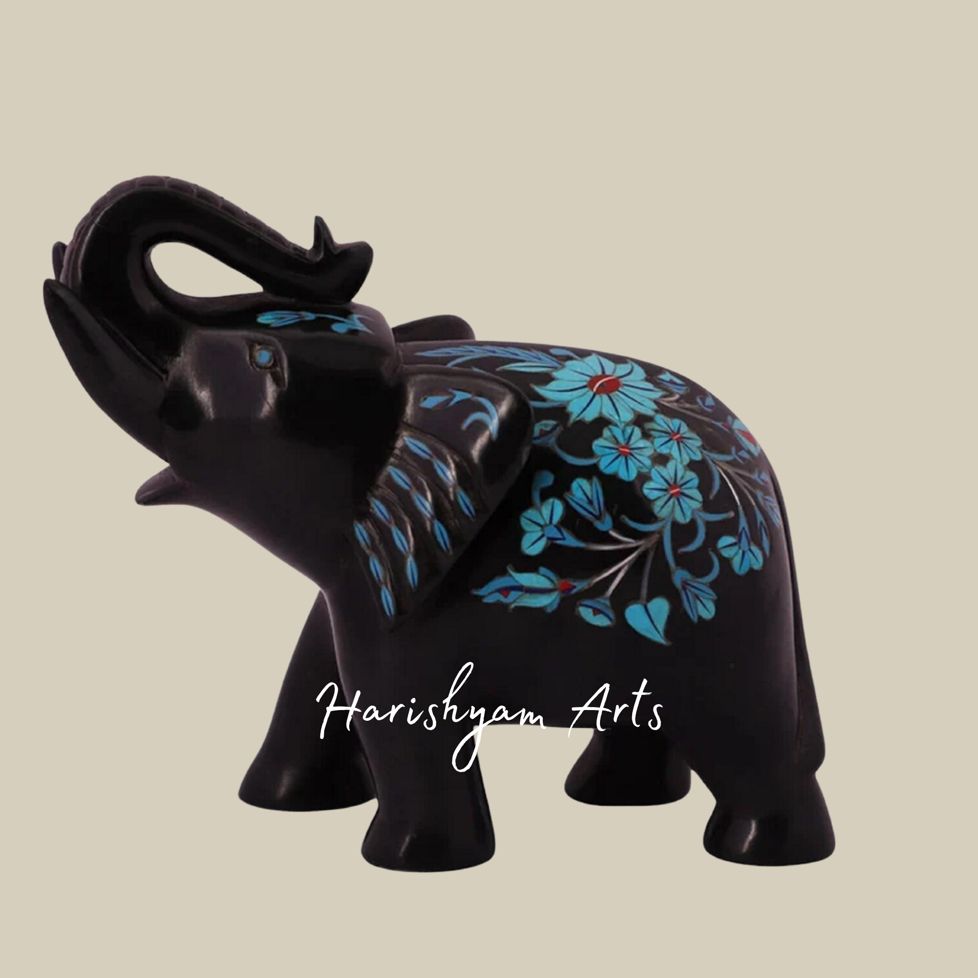 Black Marble Elephant Statue with Up Trunk and Turquoise Stone Inlay