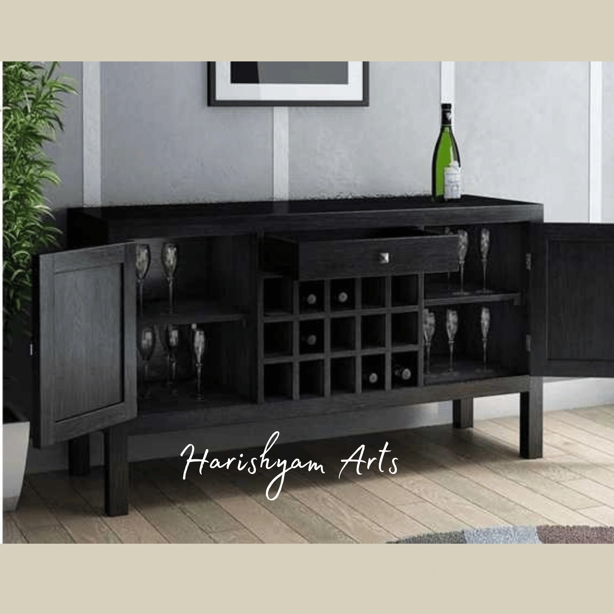 Black Wooden Bar Cabinet with Glass and Bottle Storage
