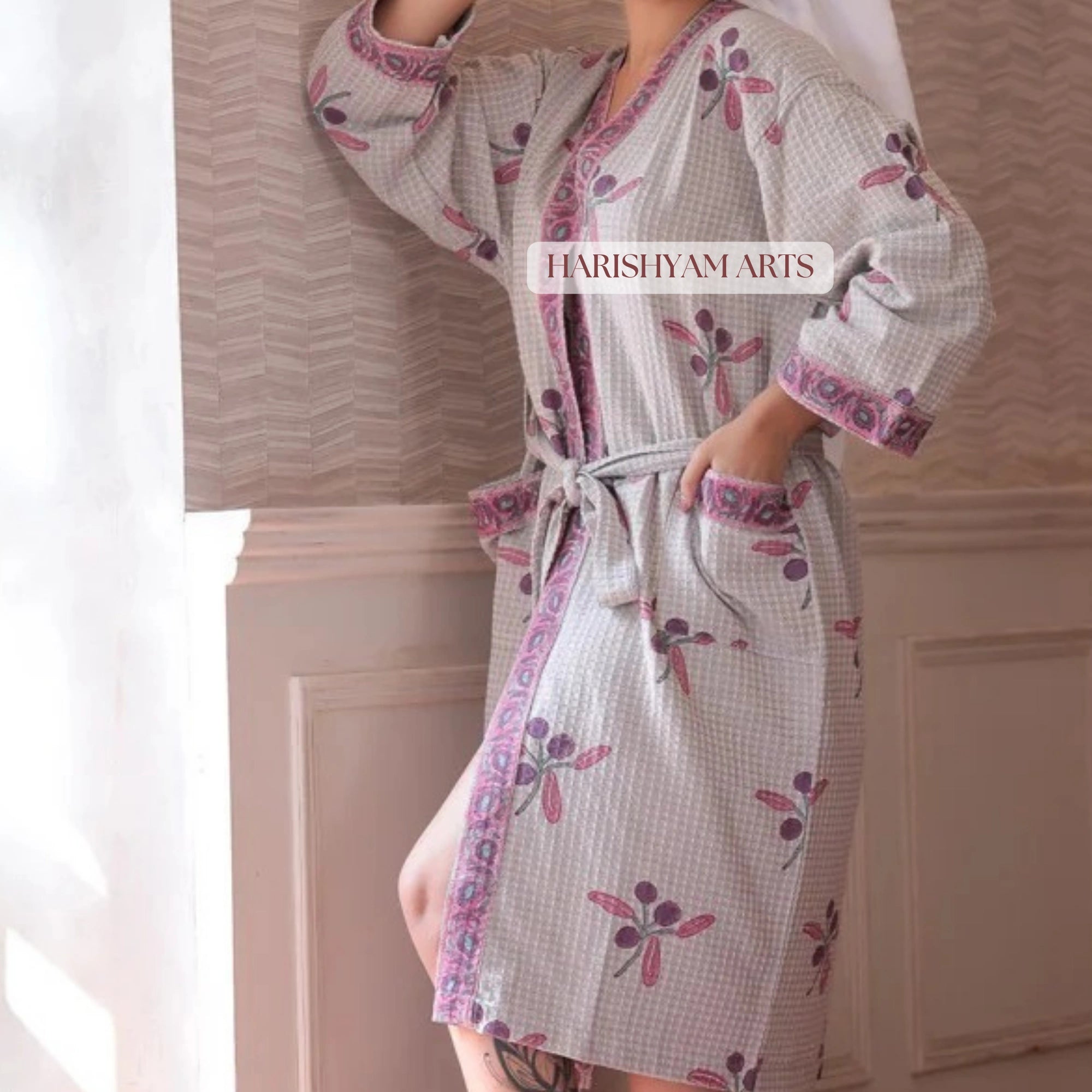 Blossom Bloom Indian Block Print Cotton Bathrobe Pink Floral Variant
