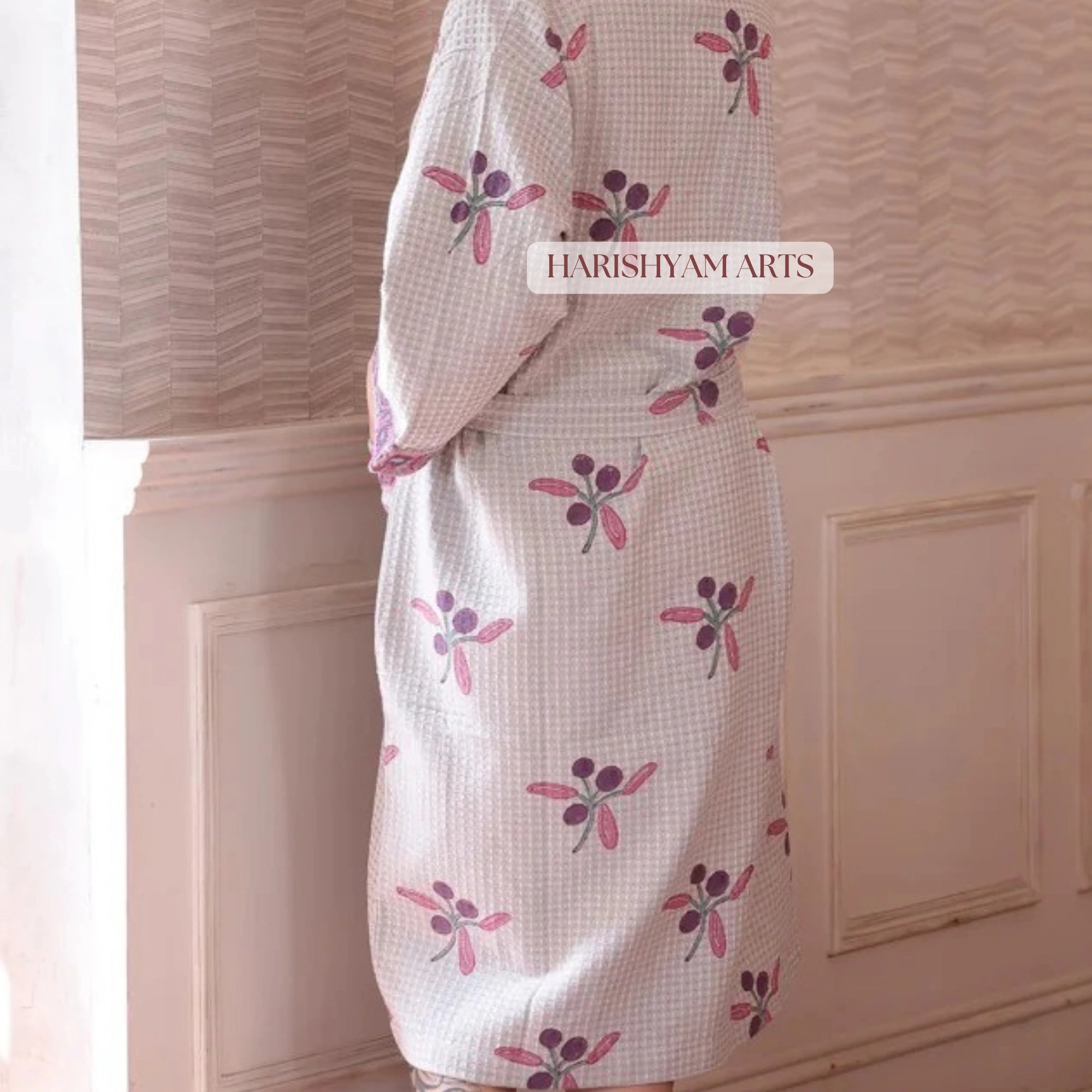 Blossom Bloom Indian Block Print Cotton Bathrobe Pink Floral Variant