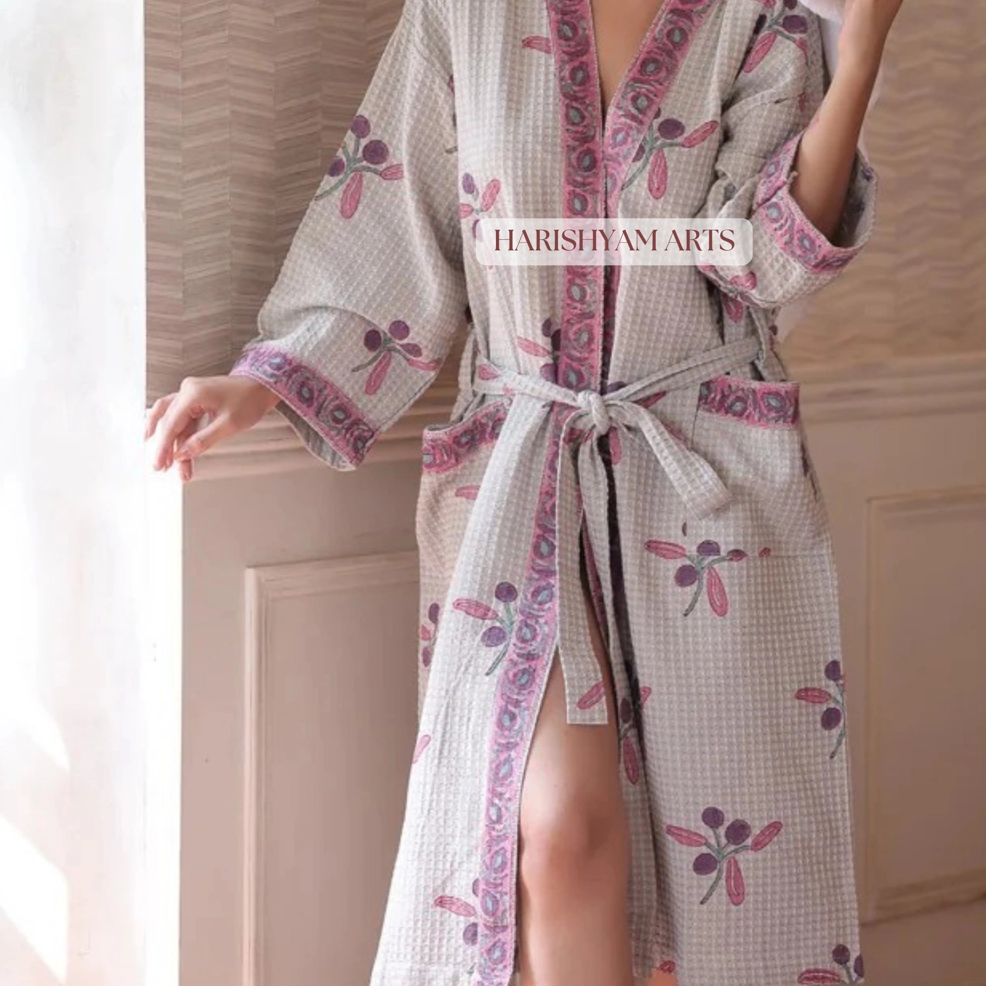 Blossom Bloom Indian Block Print Cotton Bathrobe Pink Floral Variant