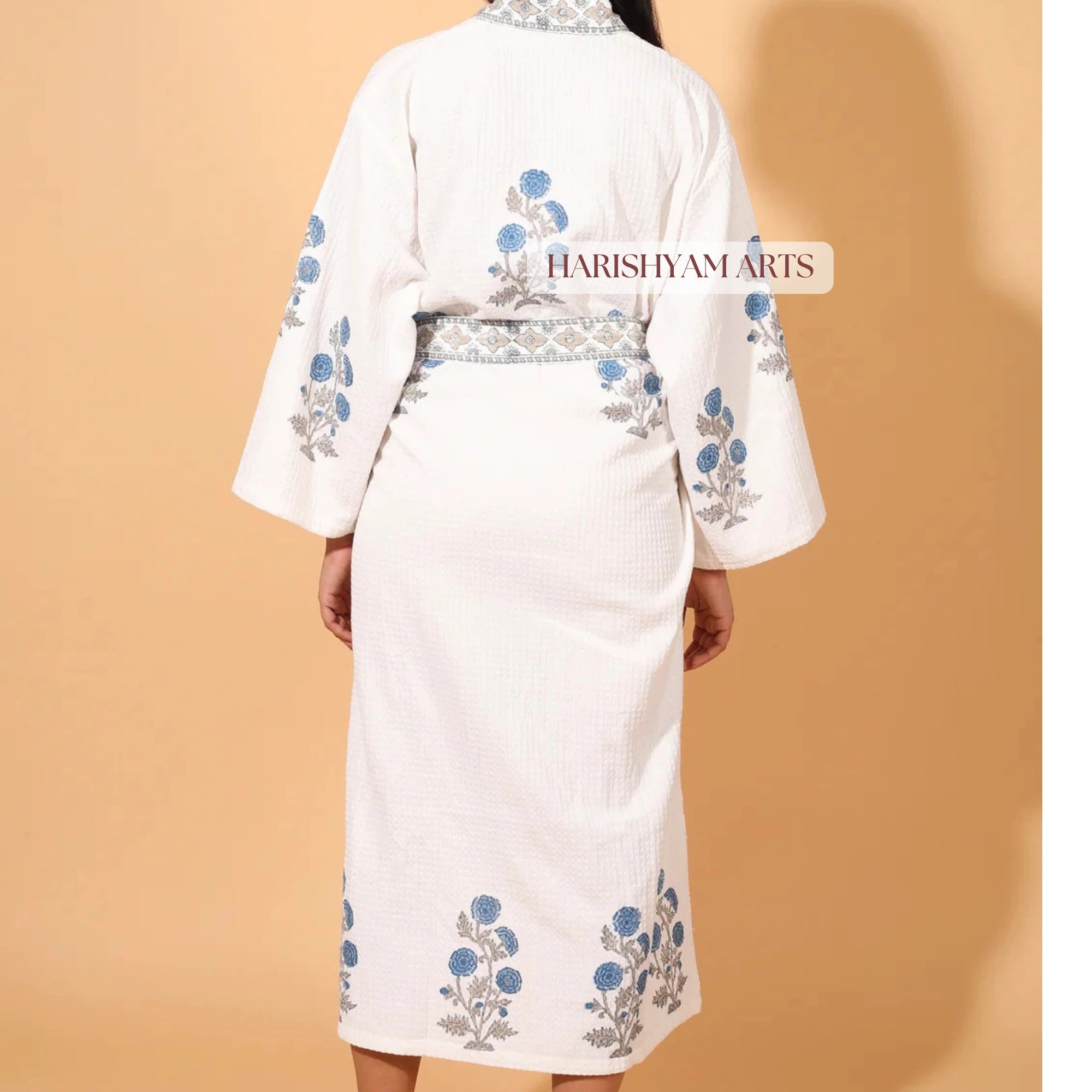 Blue Blossom Boho Handblock Cotton Bathrobe