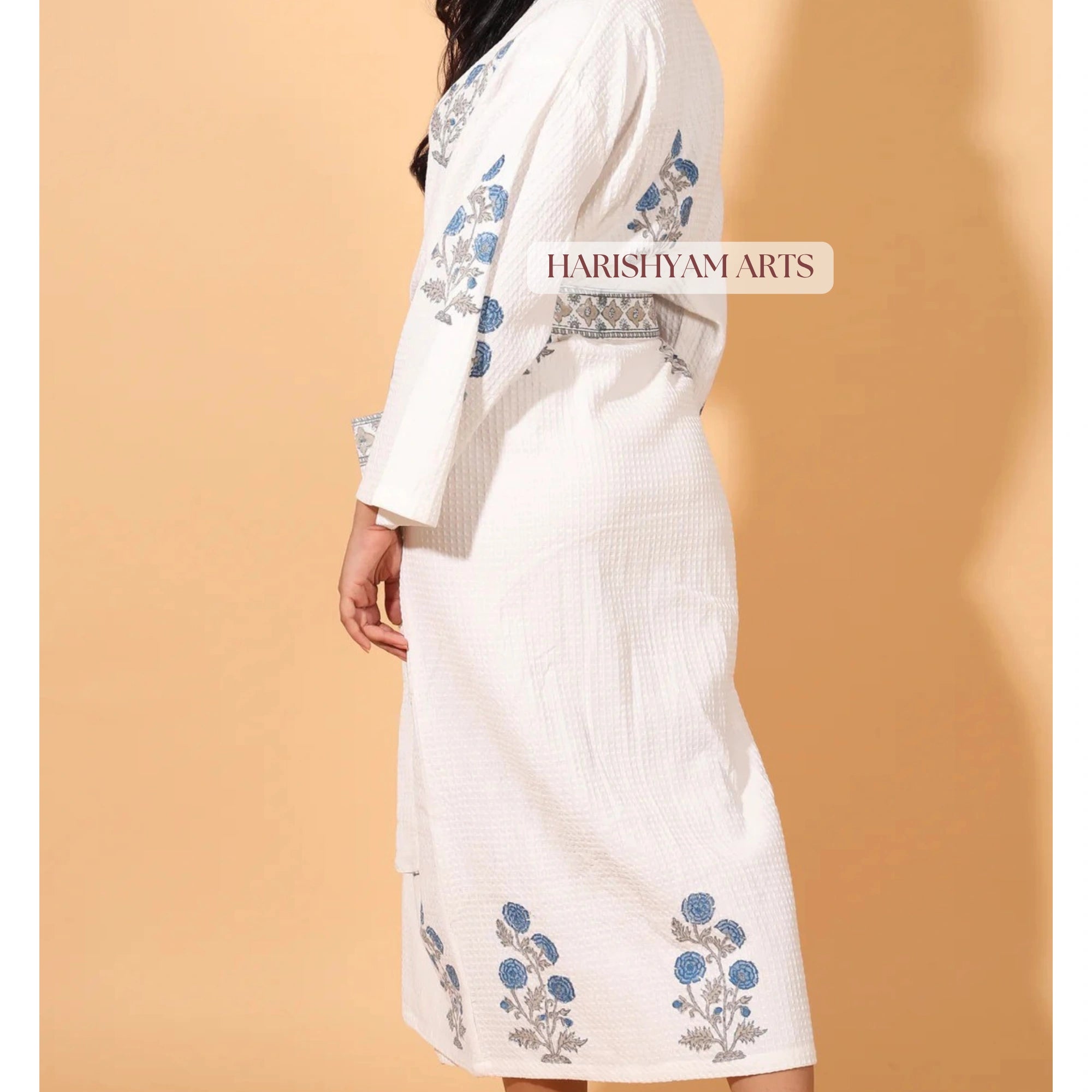 Blue Blossom Boho Handblock Cotton Bathrobe