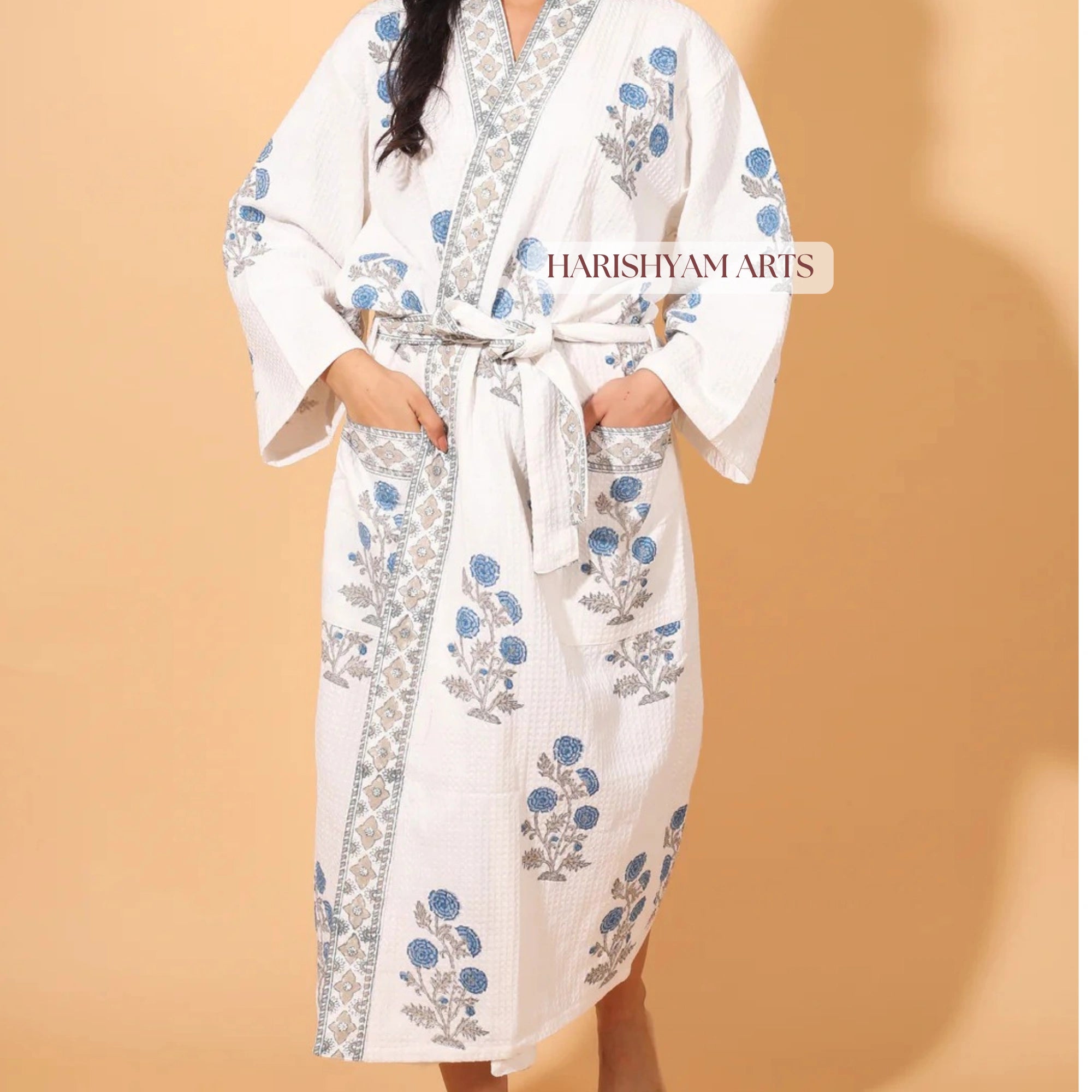 Blue Blossom Boho Handblock Cotton Bathrobe