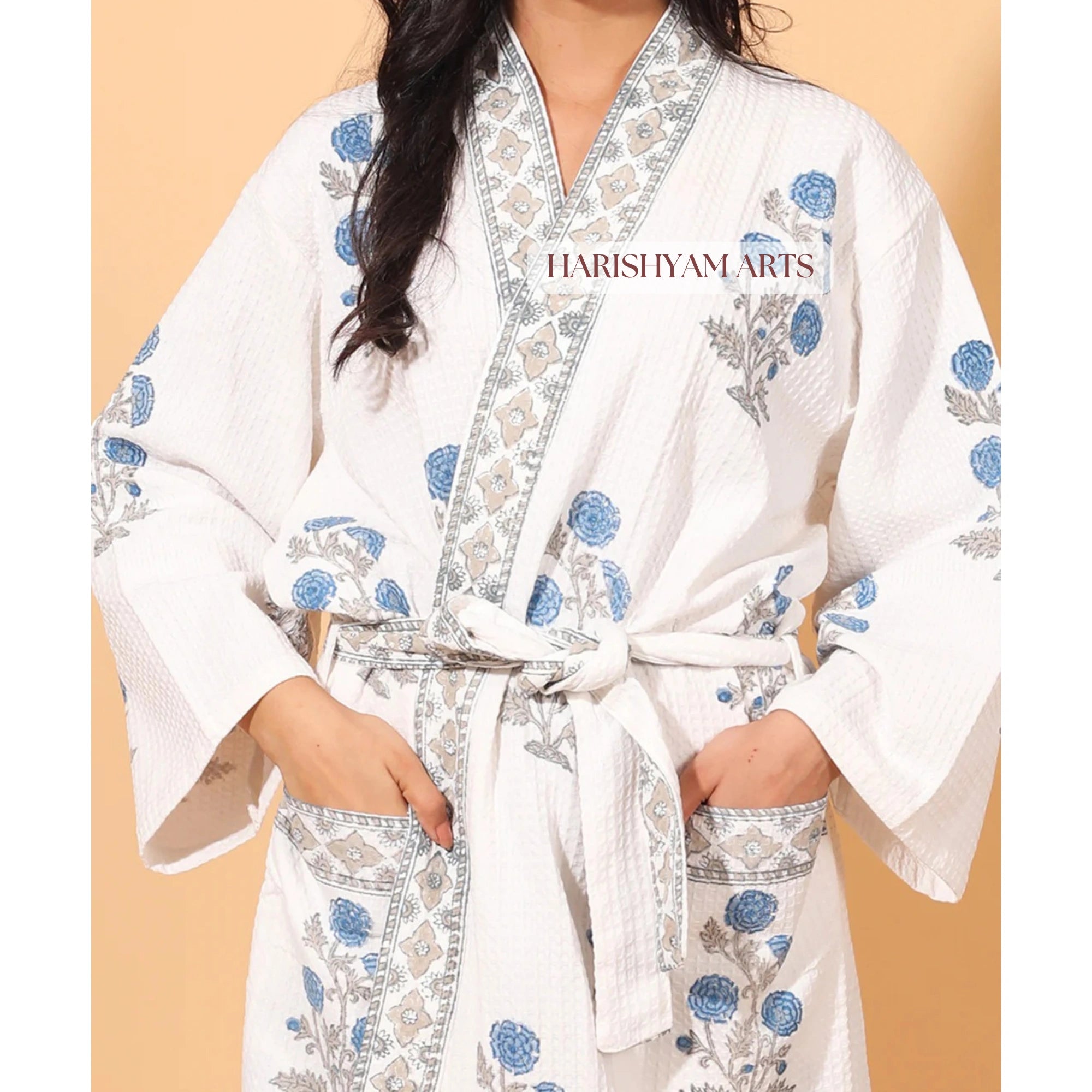 Blue Blossom Boho Handblock Cotton Bathrobe