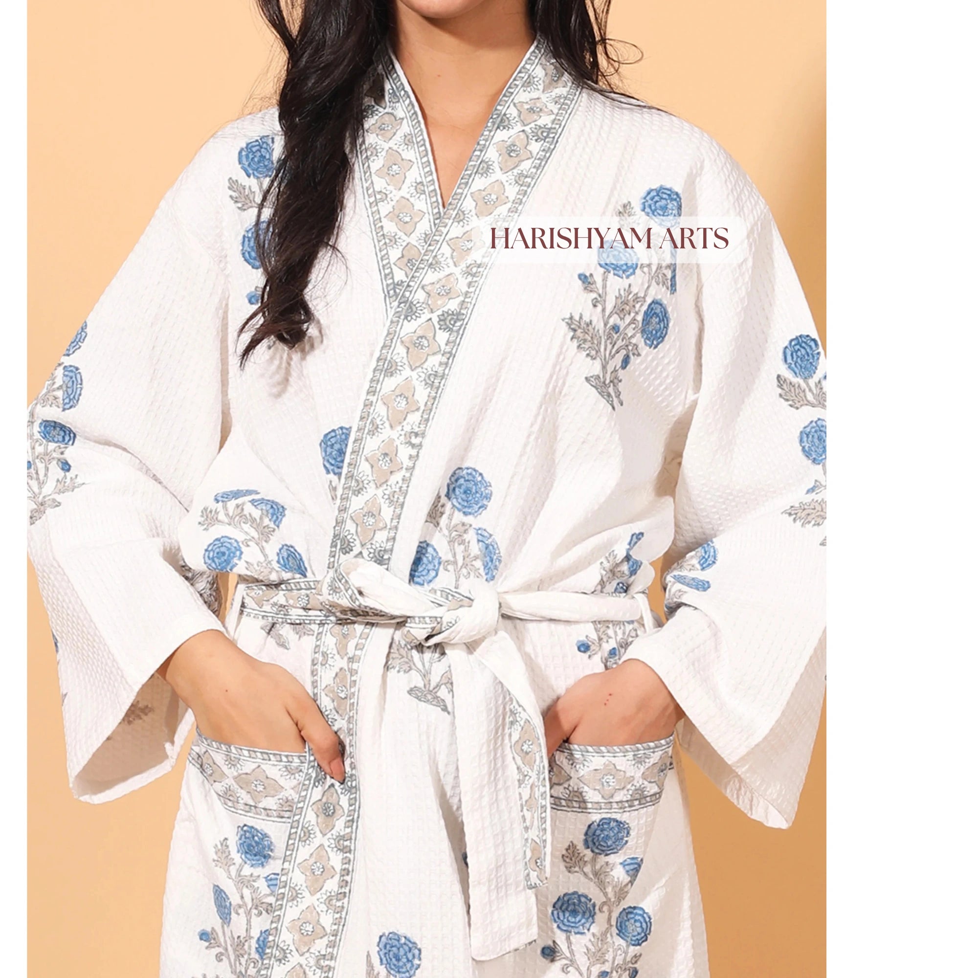 Blue Blossom Boho Handblock Cotton Bathrobe
