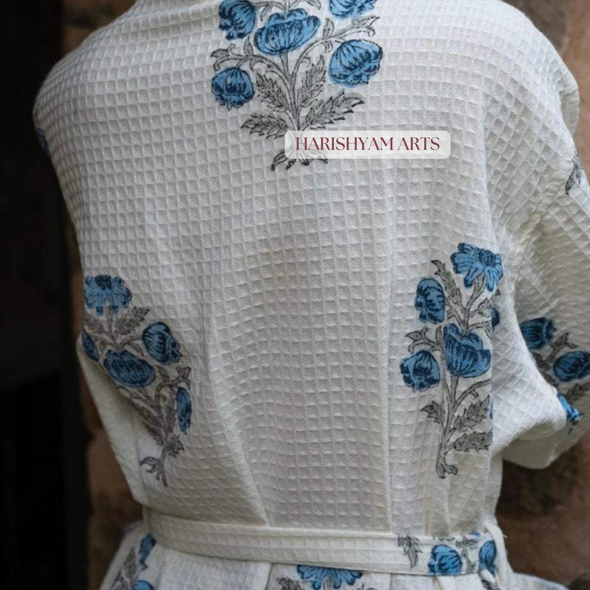Blue Blossom Hand Printed Cotton Bathrobe
