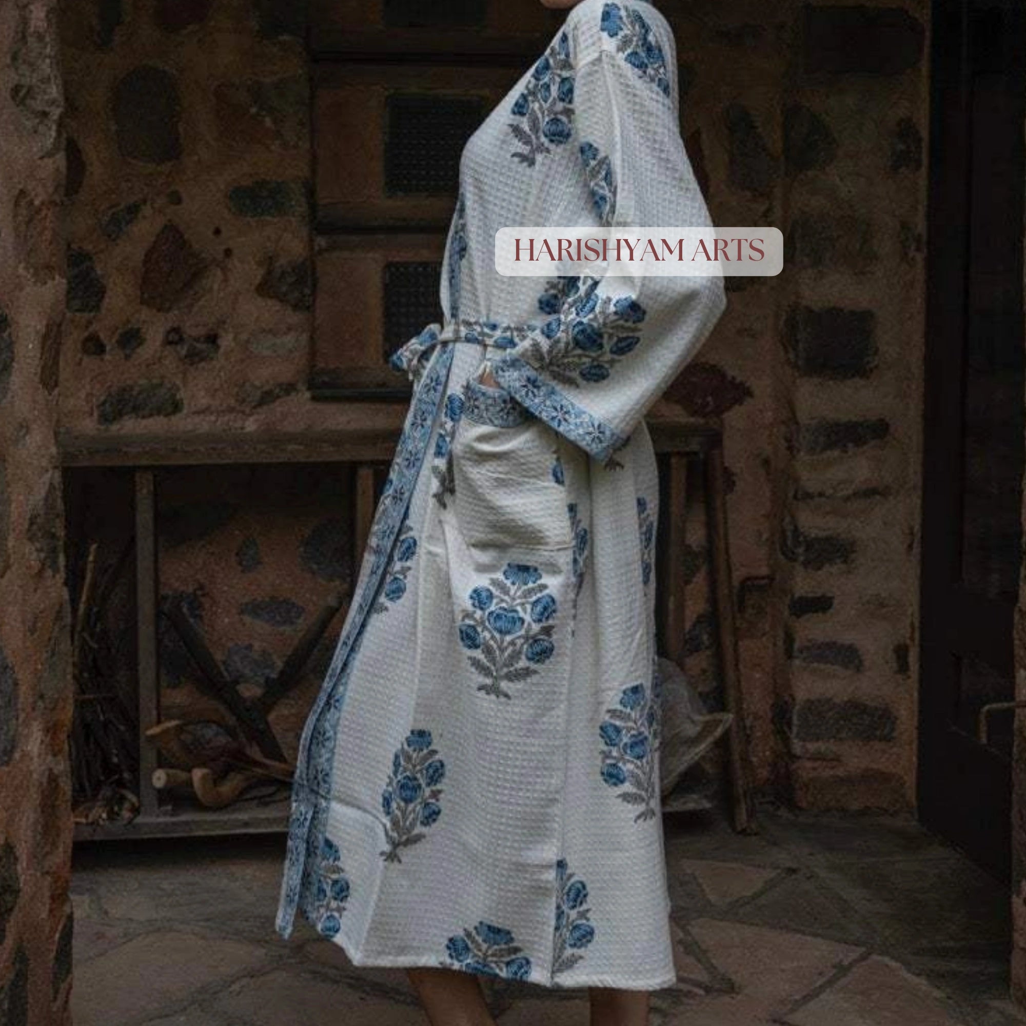 Blue Blossom Hand Printed Cotton Bathrobe