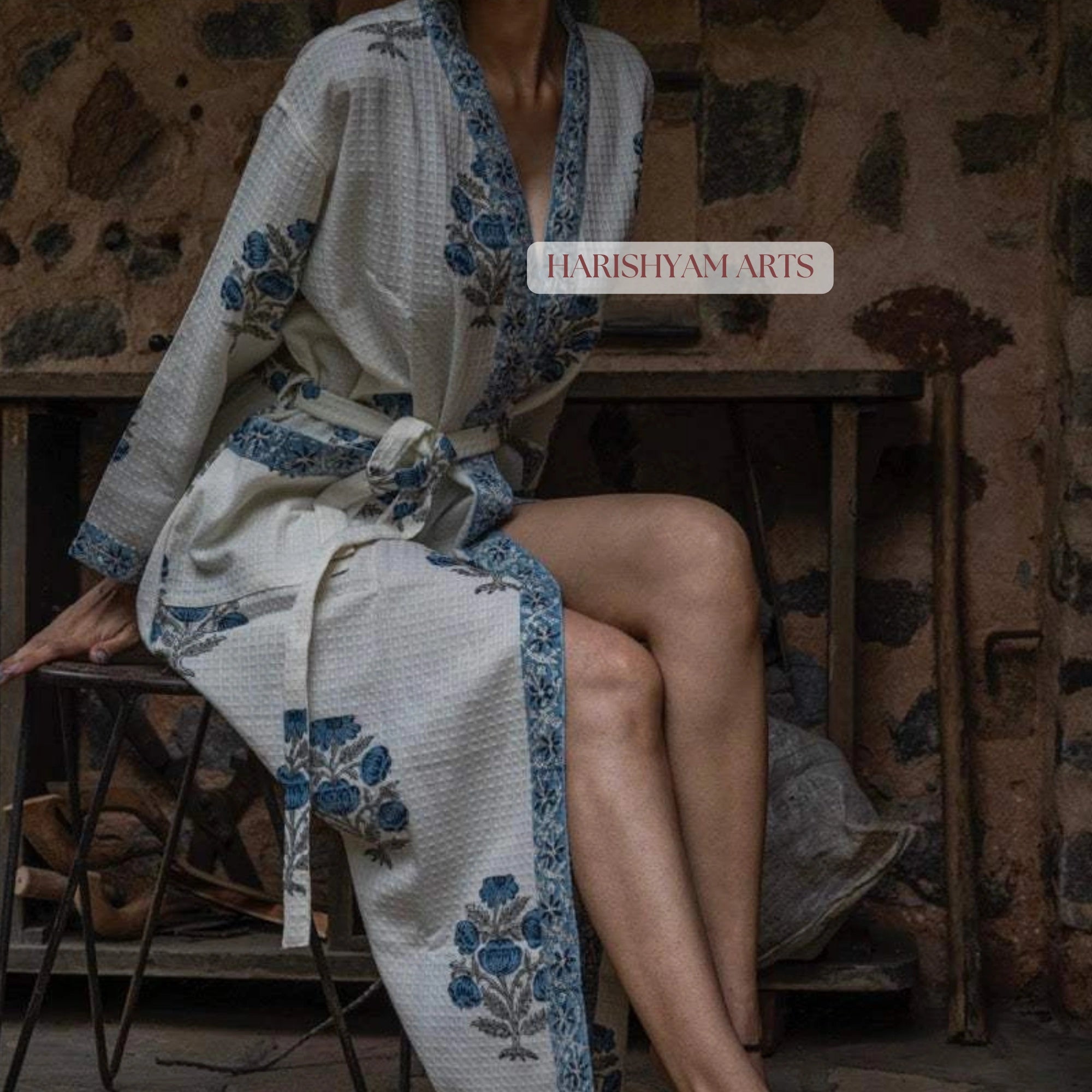Blue Blossom Hand Printed Cotton Bathrobe