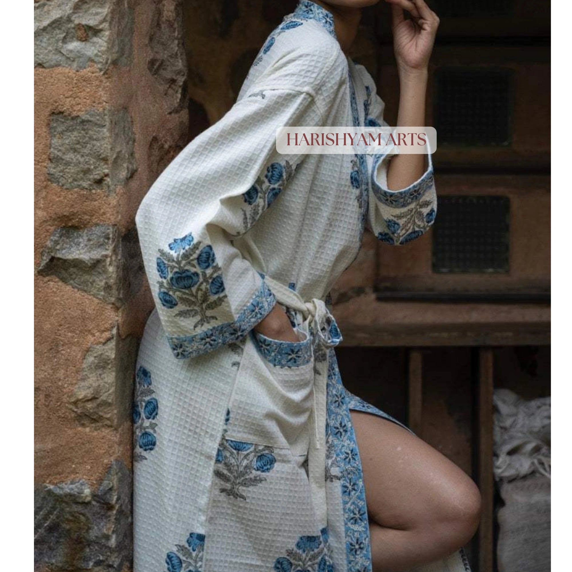 Blue Blossom Hand Printed Cotton Bathrobe