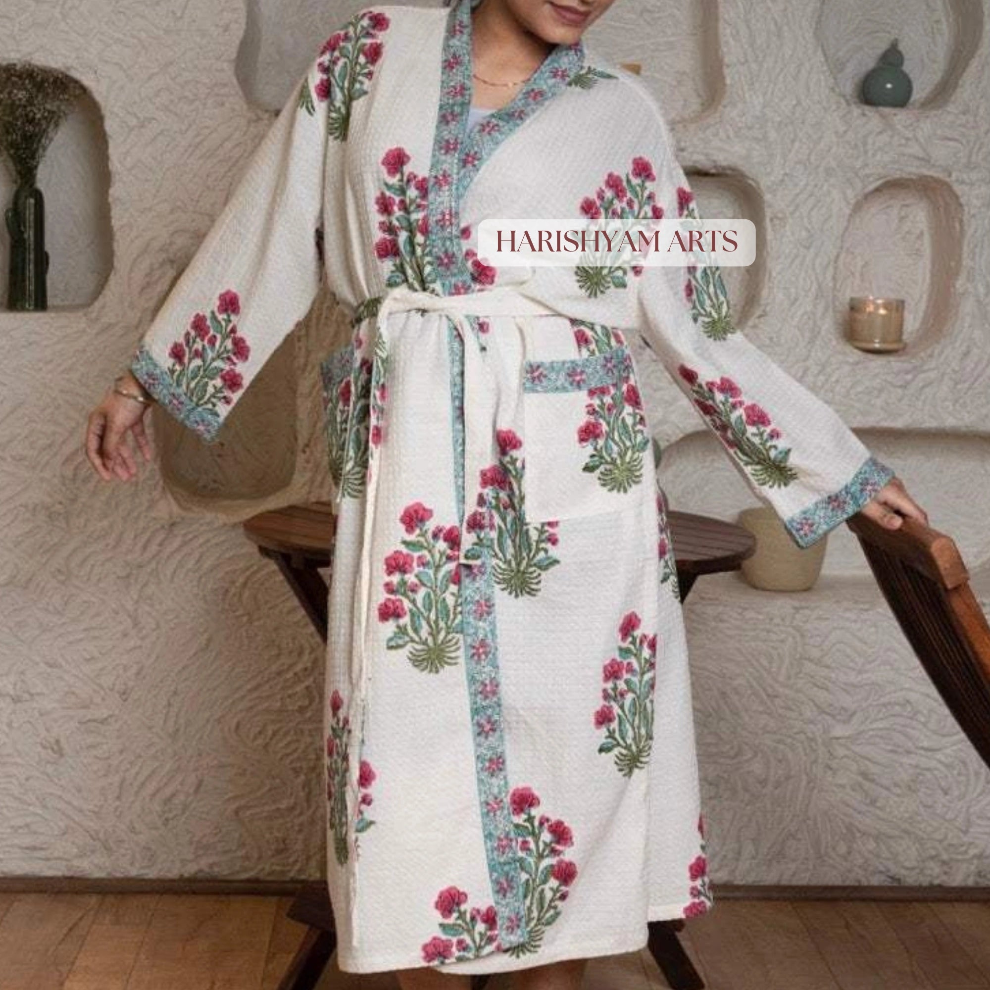 Blush Garden Floral Handblock Printed Bathrobe