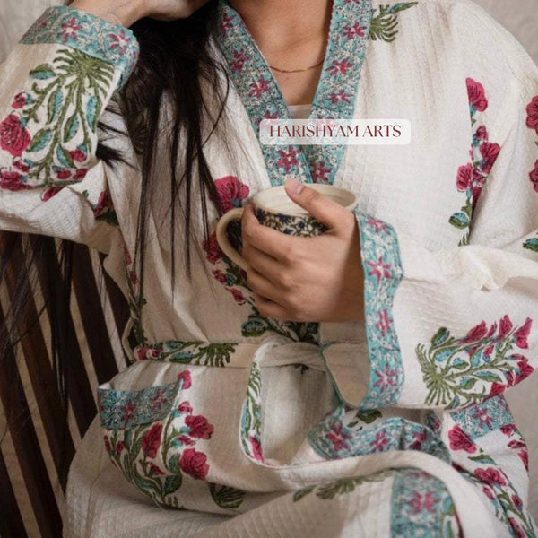 Blush Garden Floral Handblock Printed Bathrobe