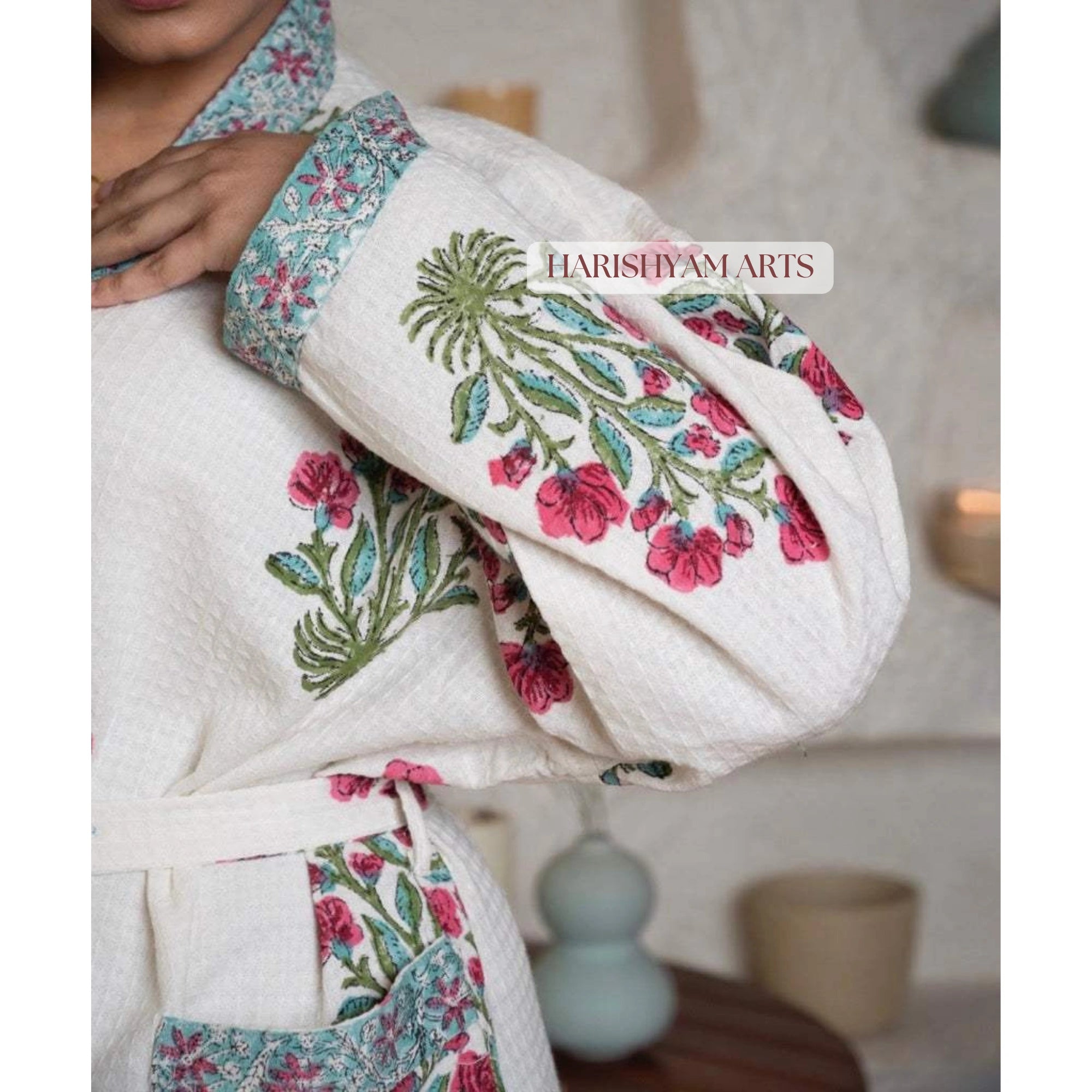 Blush Garden Floral Handblock Printed Bathrobe