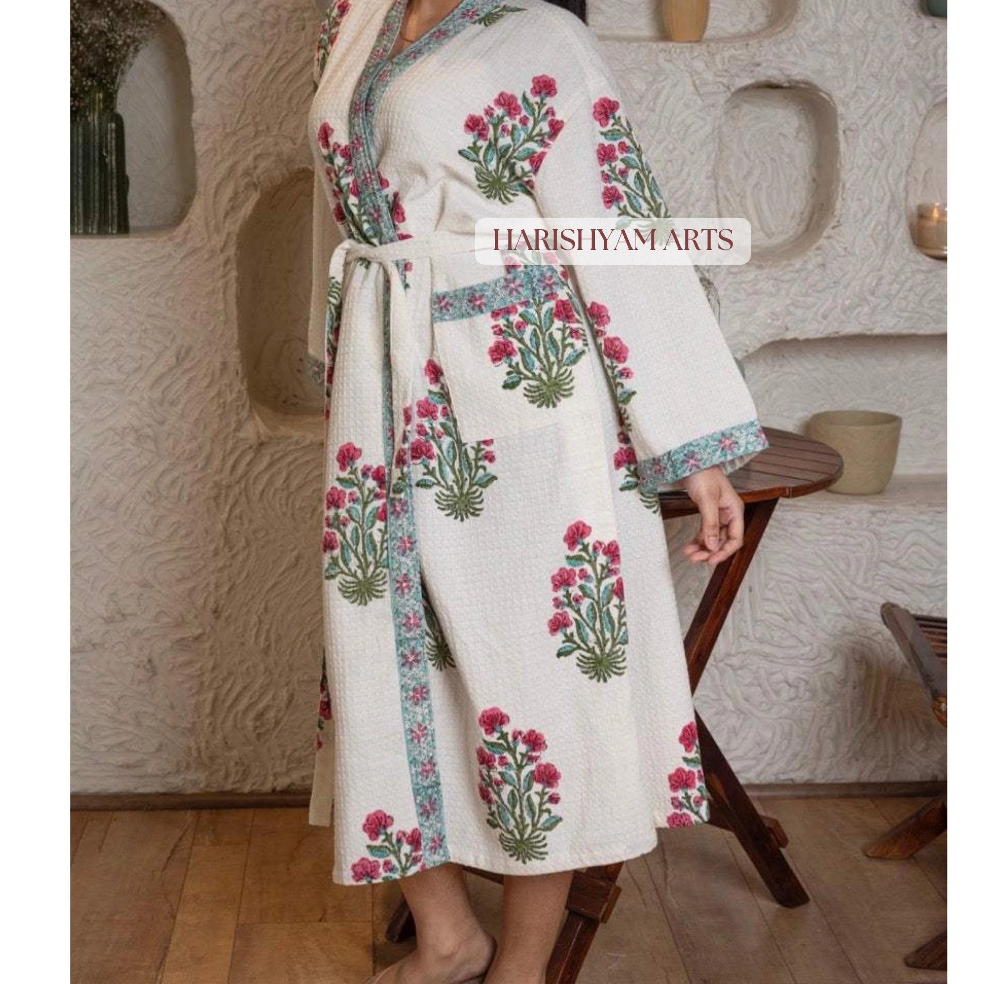 Blush Garden Floral Handblock Printed Bathrobe