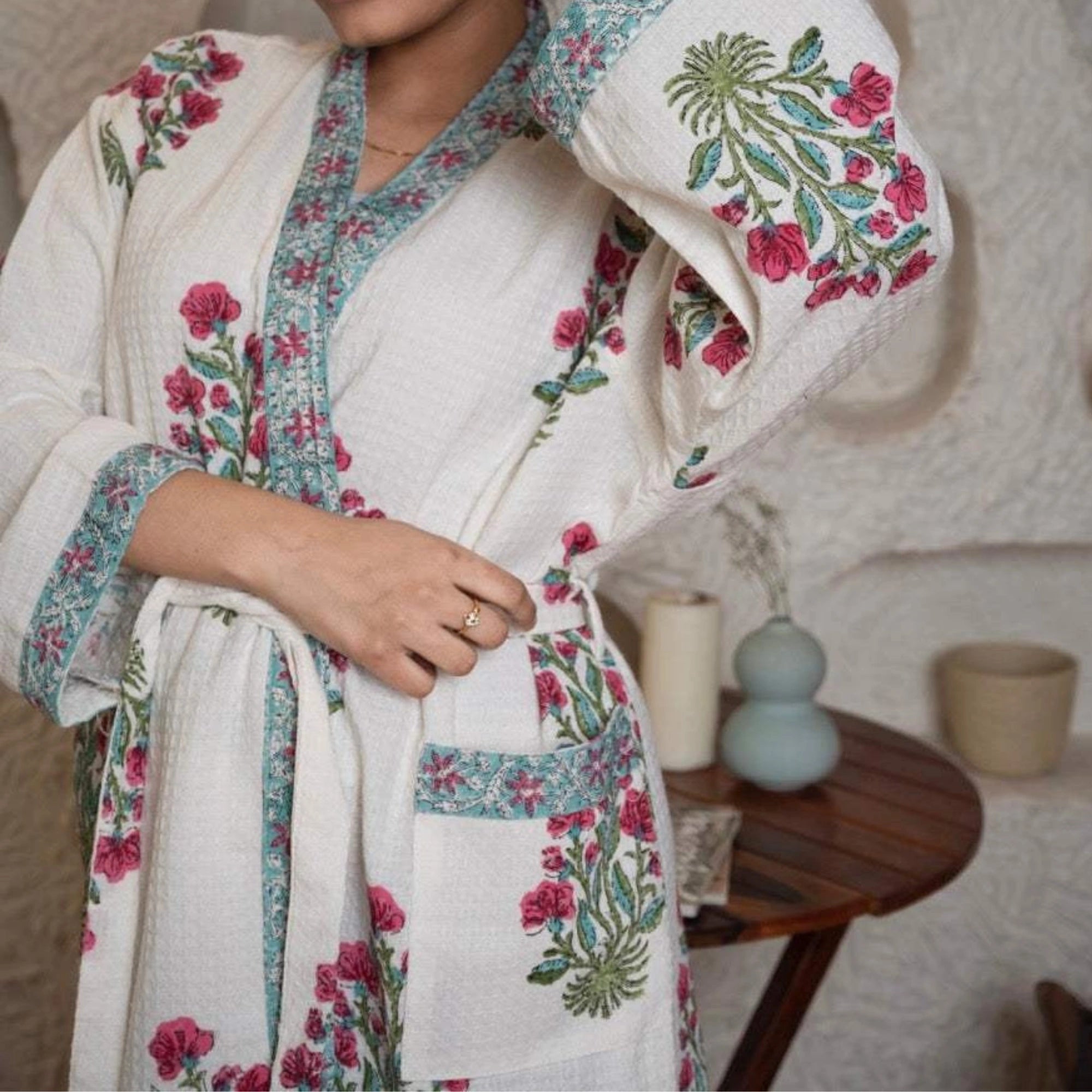 Blush Garden Floral Handblock Printed Bathrobe