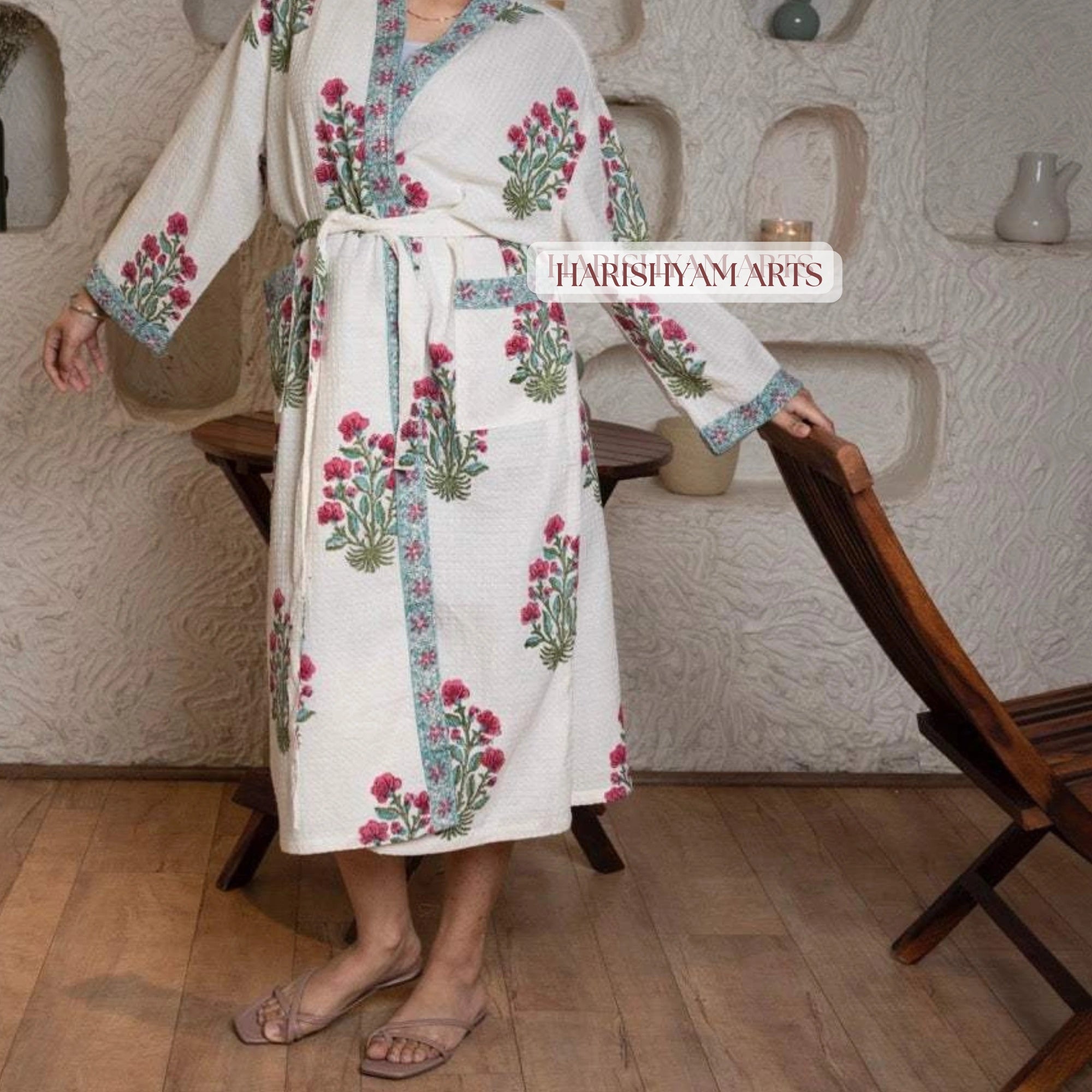Blush Garden Floral Handblock Printed Bathrobe