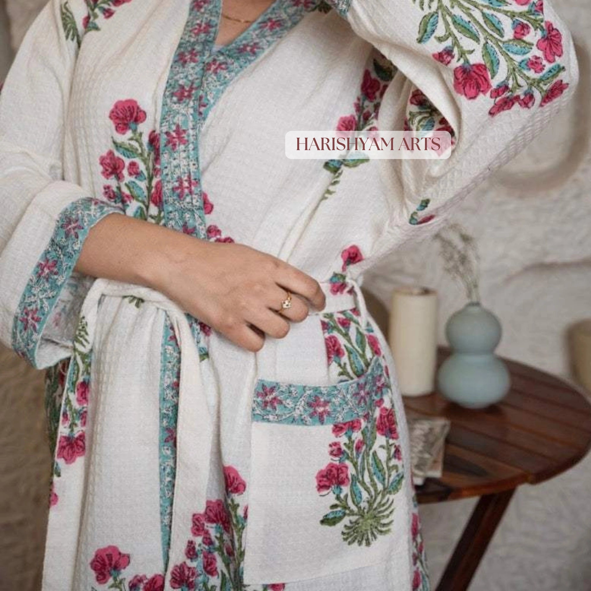 Blush Garden Floral Handblock Printed Bathrobe