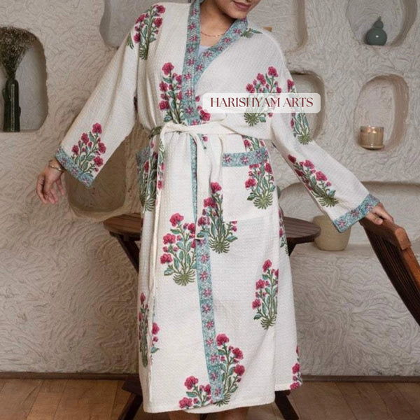 Blush Garden Floral Handblock Printed Bathrobe