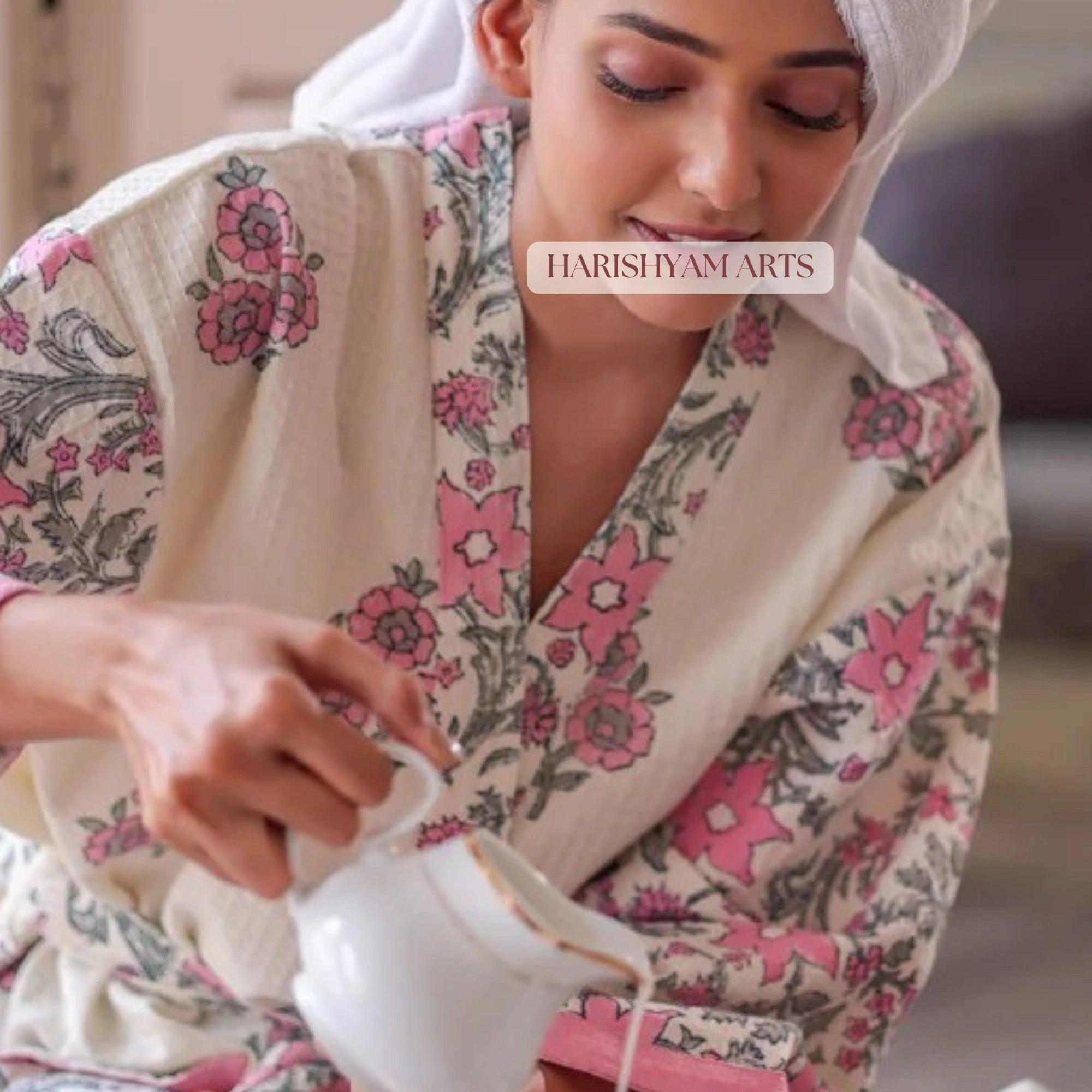 Blush Meadow Handmade Block Print Cotton Bathrobe for Women