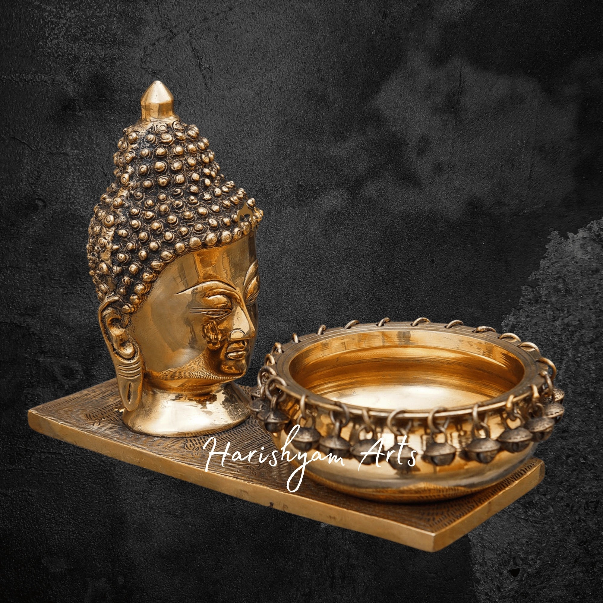 Brass Buddha Head with Decorative Urli Bowl for Peaceful Ambience