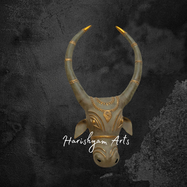 Brass Bull Head Showpiece with Green Patina Finish for Luxury Decor