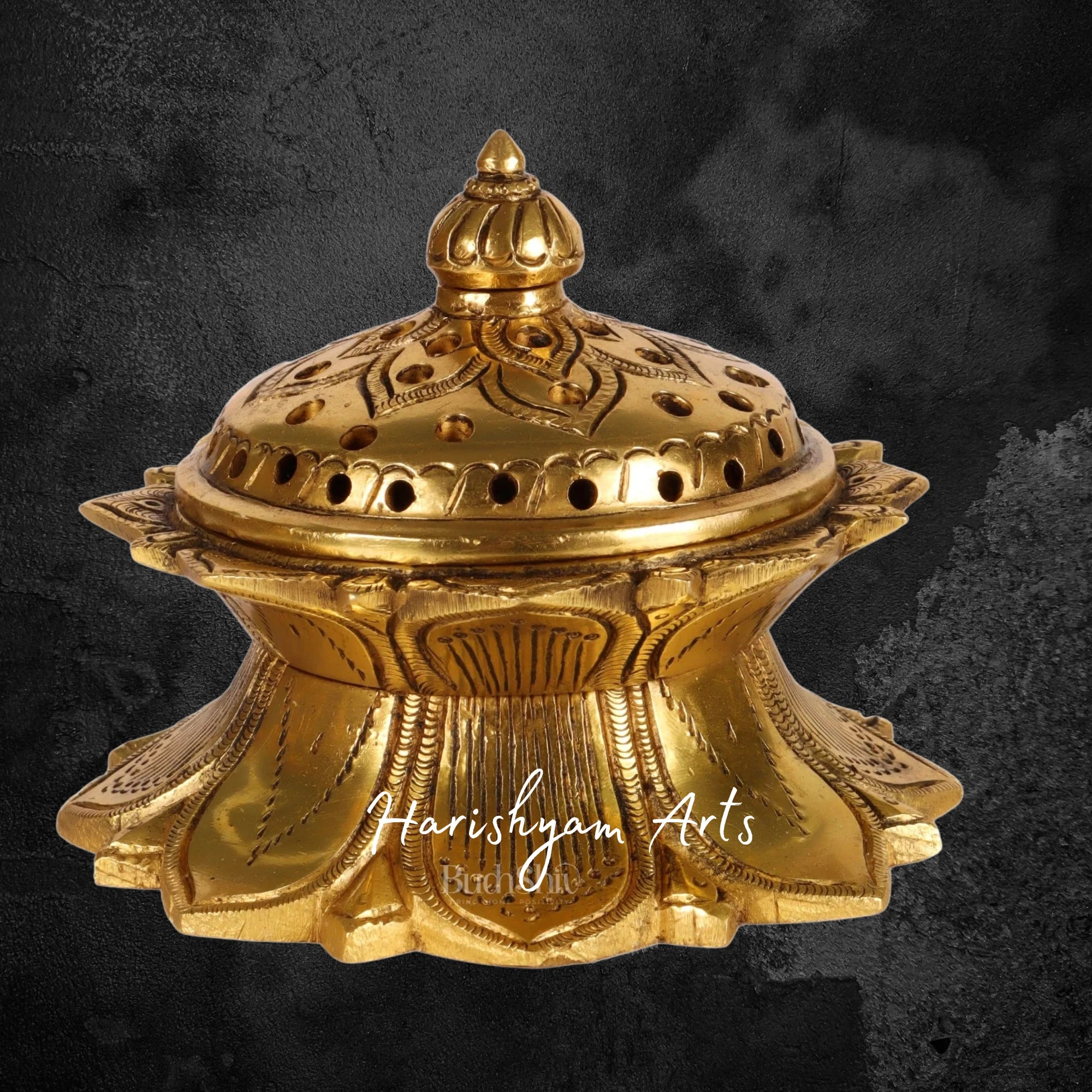 Handcrafted Brass Lotus Design Loban Burner with Lid for Incense and Charcoal