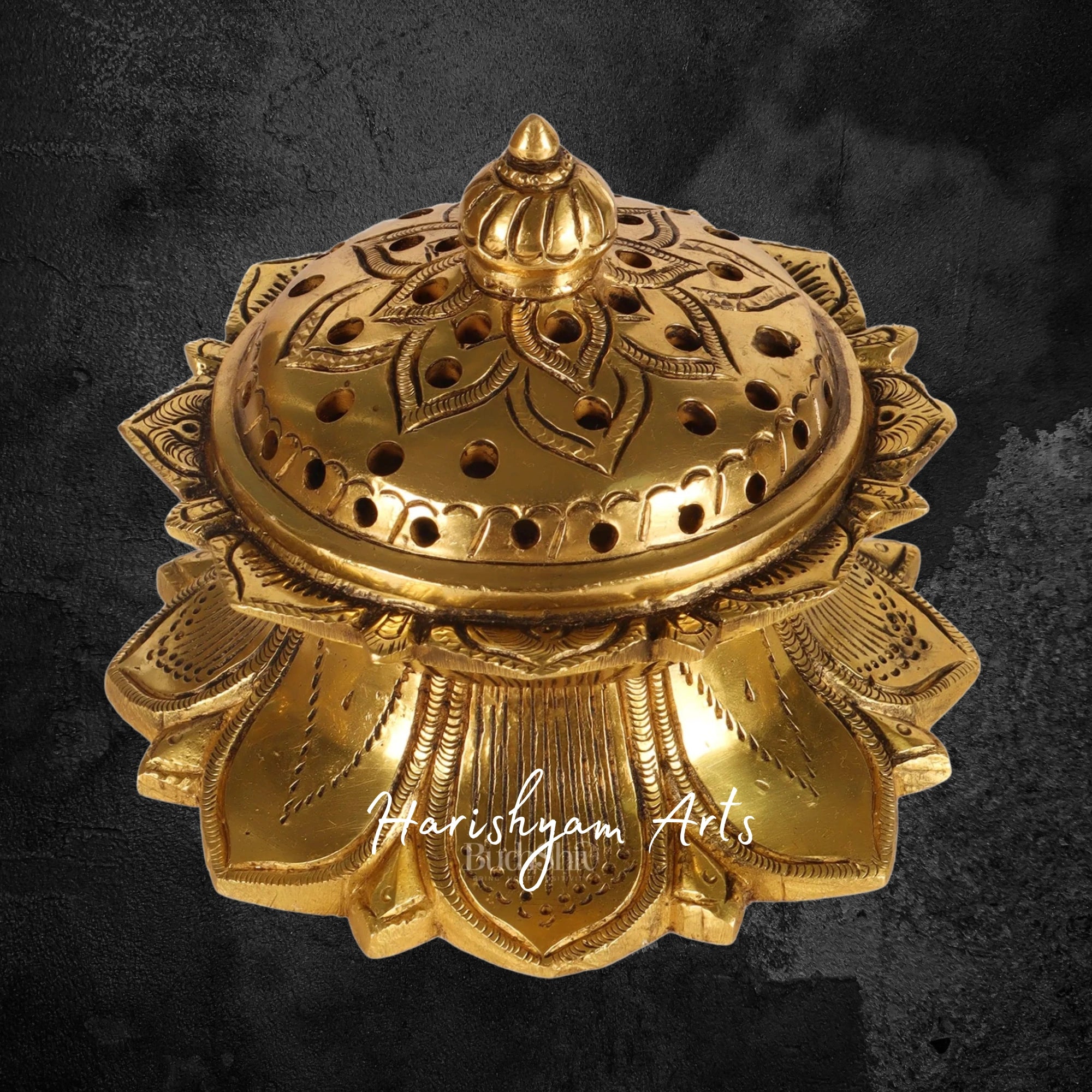 Handcrafted Brass Lotus Design Loban Burner with Lid for Incense and Charcoal