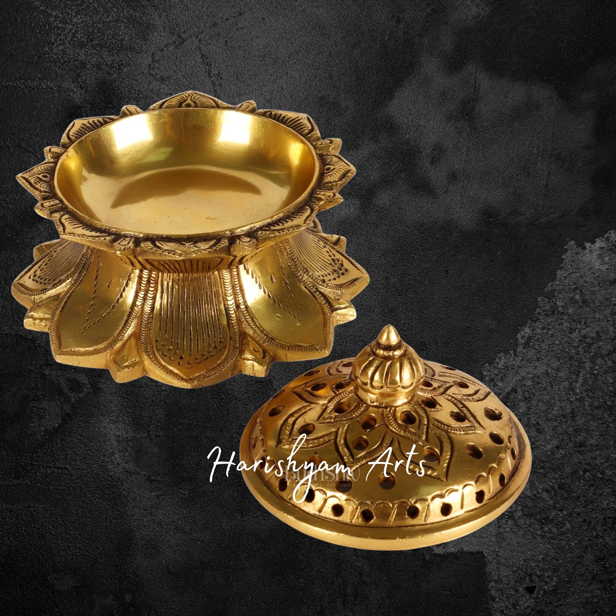 Handcrafted Brass Lotus Design Loban Burner with Lid for Incense and Charcoal